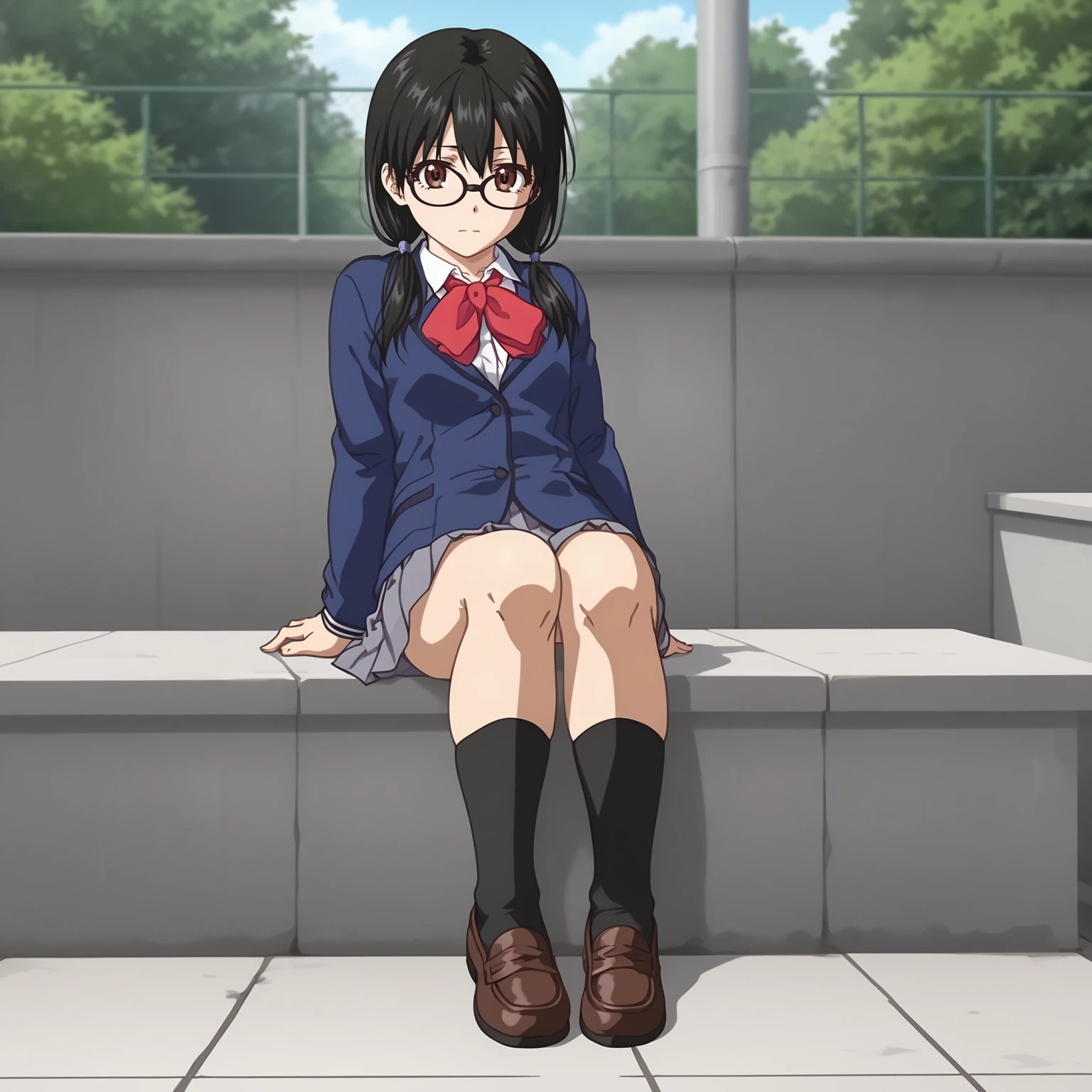 <lora:AkariHizenXLpony001>,
solo,
AkariHizen,1girl,black hair,low twintails,brown eyes,eyewear,
school_uniform,blue jacket,red bowtie,
pleated_skirt,gray skirt,
black socks,
outdoors,
full body,sitting,