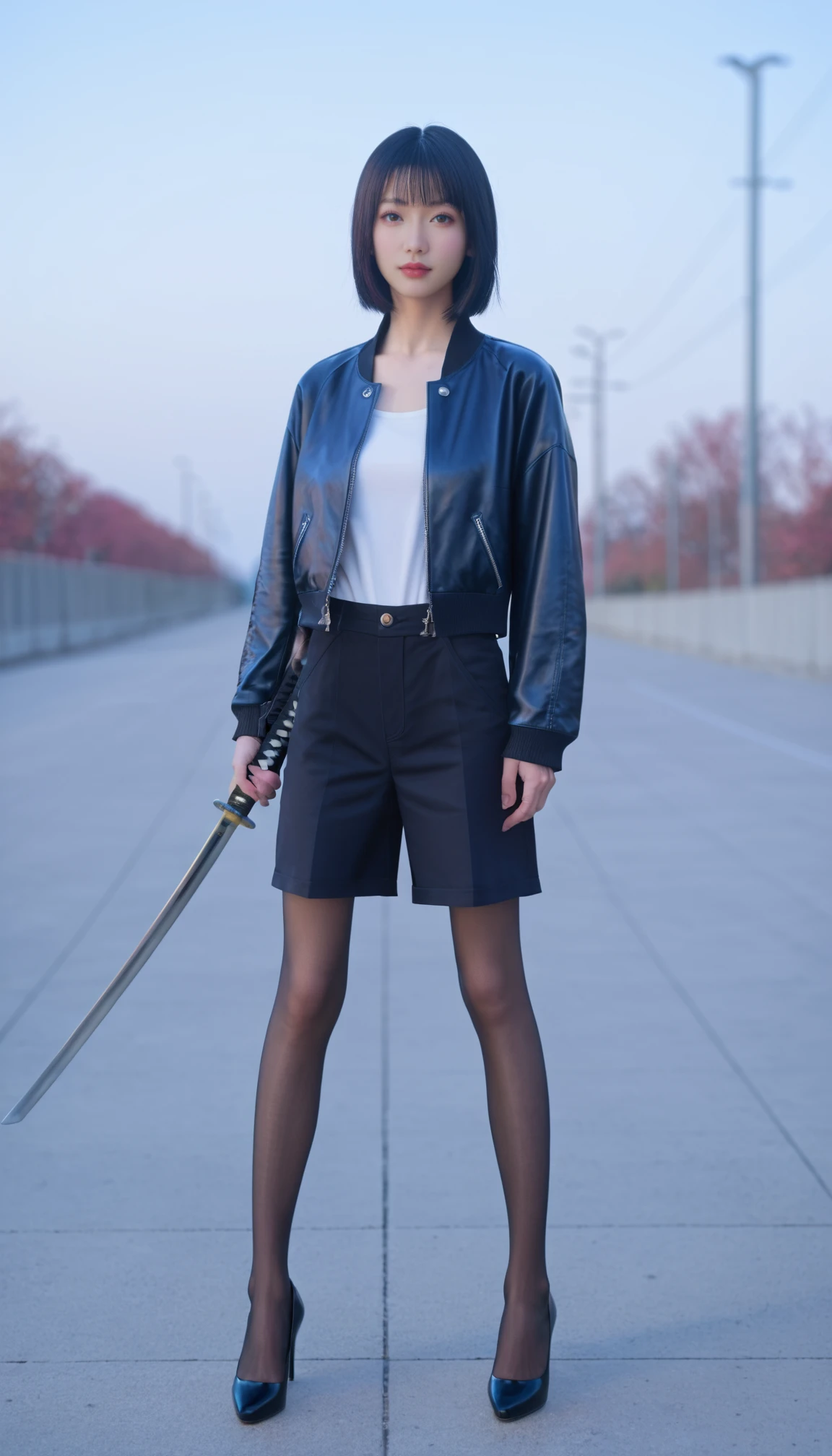 1girl, pantyhose, high heels, black hair, wearing shorts, Moto Jacket,   stand, outdoor, realistic, photorealistic, simple background, Fringe,   masterpiece, best quality, 8k, score_9, score_8_up, score_7_up, 
(holding katana, katana),  blur background, 
 <lora:katana-enhence:0.8>