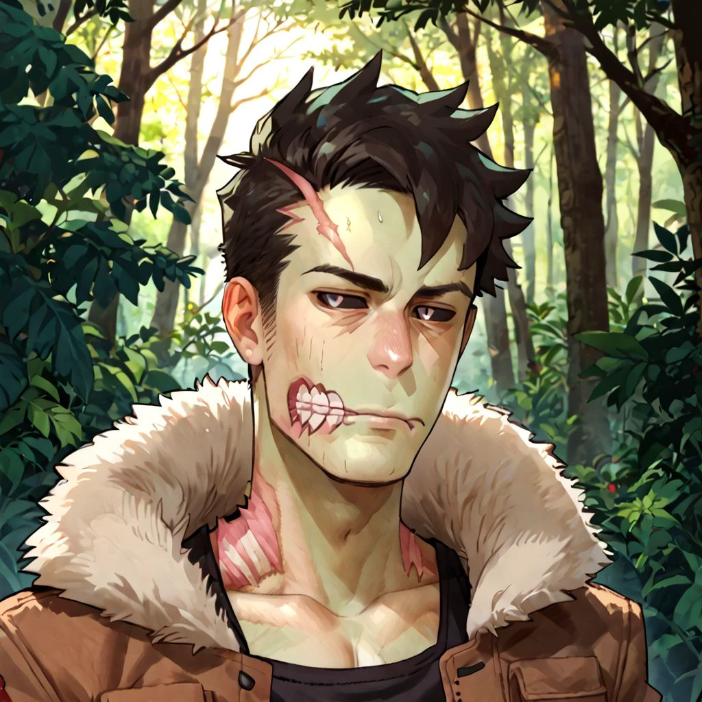 BrianYu, (Zombie), Male, black shirt, open jacket, green Parka, black pants, brown boots, green skin,  score_9, score_8_up, score_7_up,  source_anime, forest, upper body, front view, bored, black sclera, scar on temple,