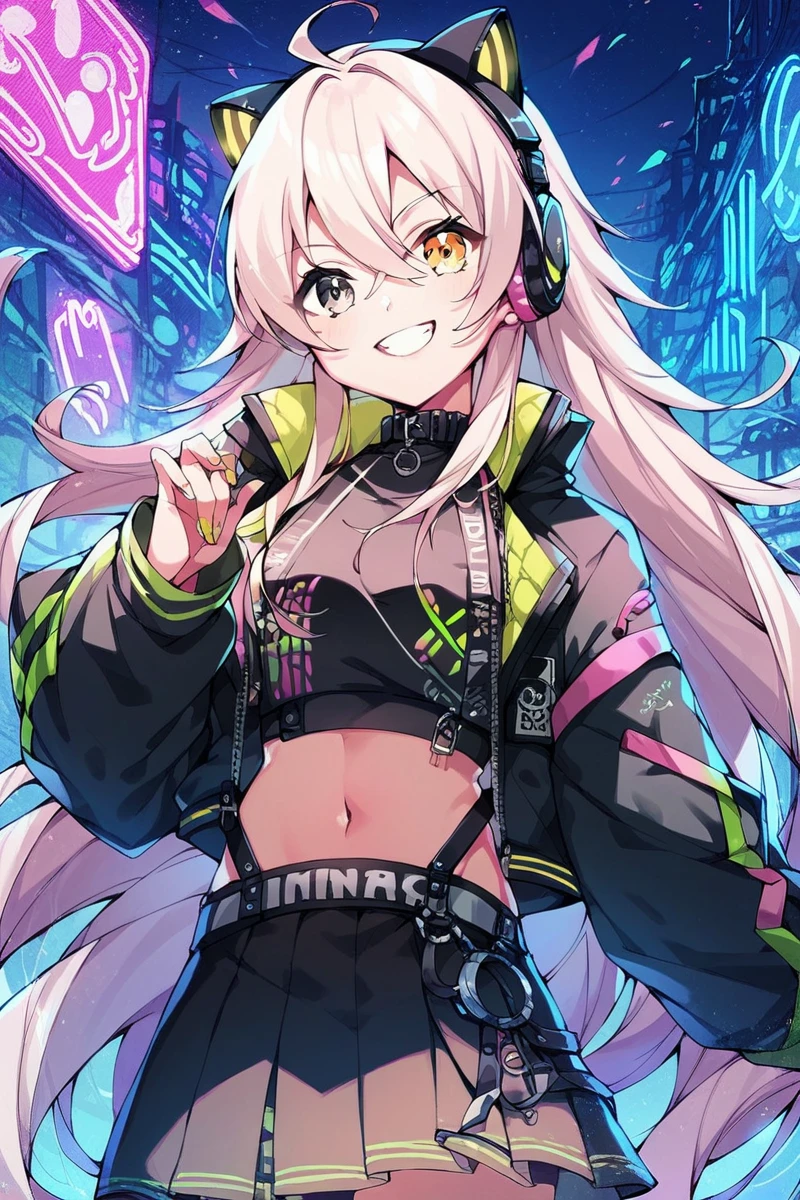 score_9, score_8_up, score_7_up, score_6_up, 1girl,
 <lora:Ichihoshi_Lumina:0.8> lumina, long hair, heterochromia, ahoge, virtual youtuber, long jacket, black top, navel, smile, black skirt, cat headphones, neon lights,