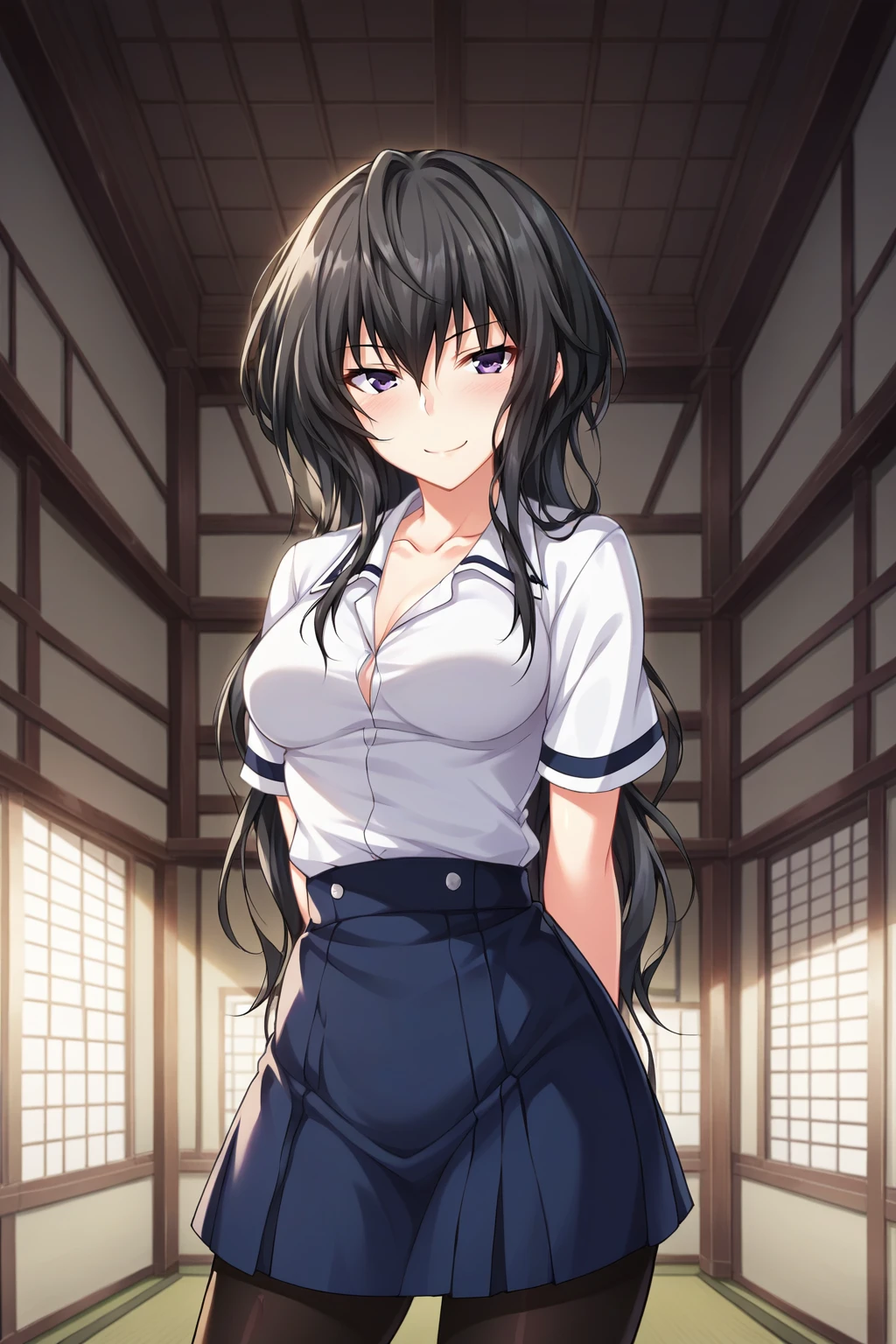 score_9, score_8_up, score_7_up, source_anime, 1girl, prefect lighting, very aesthetic, intricate details, highly detailed background, masterpiece, high quality, prefect hands, best quality, solo,
<lora:Benkei_Majikoi_V1:.75>, black hair, dark purple eyes, long hair, hair between eyes, 
white school uniform, blue skirt, white collar shirt, open collar, collarbone, black pantyhose, 
from below, looking at viewer, 
standing, arms behind back, smirk, blush, leaning forward, 
east asian architecture, dim lighting, inside, morning, 
(Beautiful, medium Breasts:1.2), natural breasts,