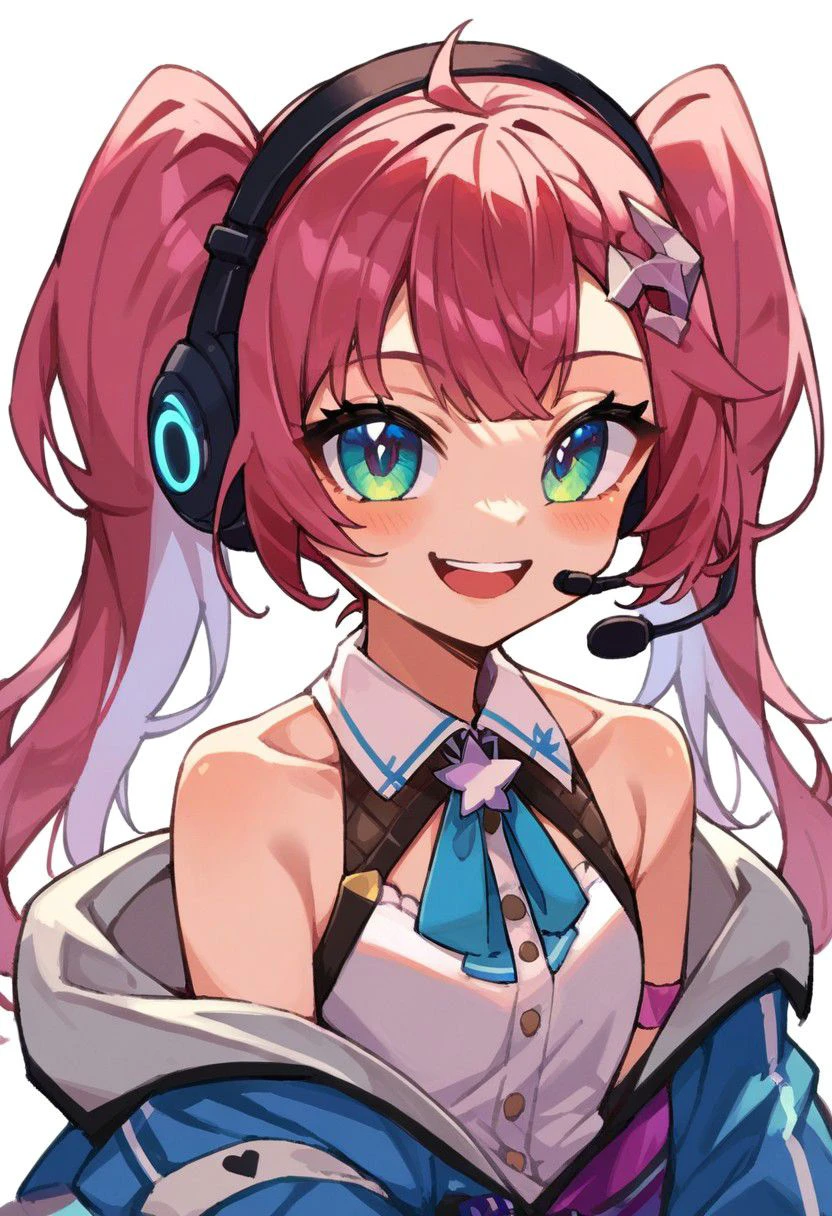 score_9, score_8_up, score_7_up, source_anime, 1girl, open mouth, smile, looking at viewer, twintails, simple background, white background, bare shoulders, headset, virtual youtuber