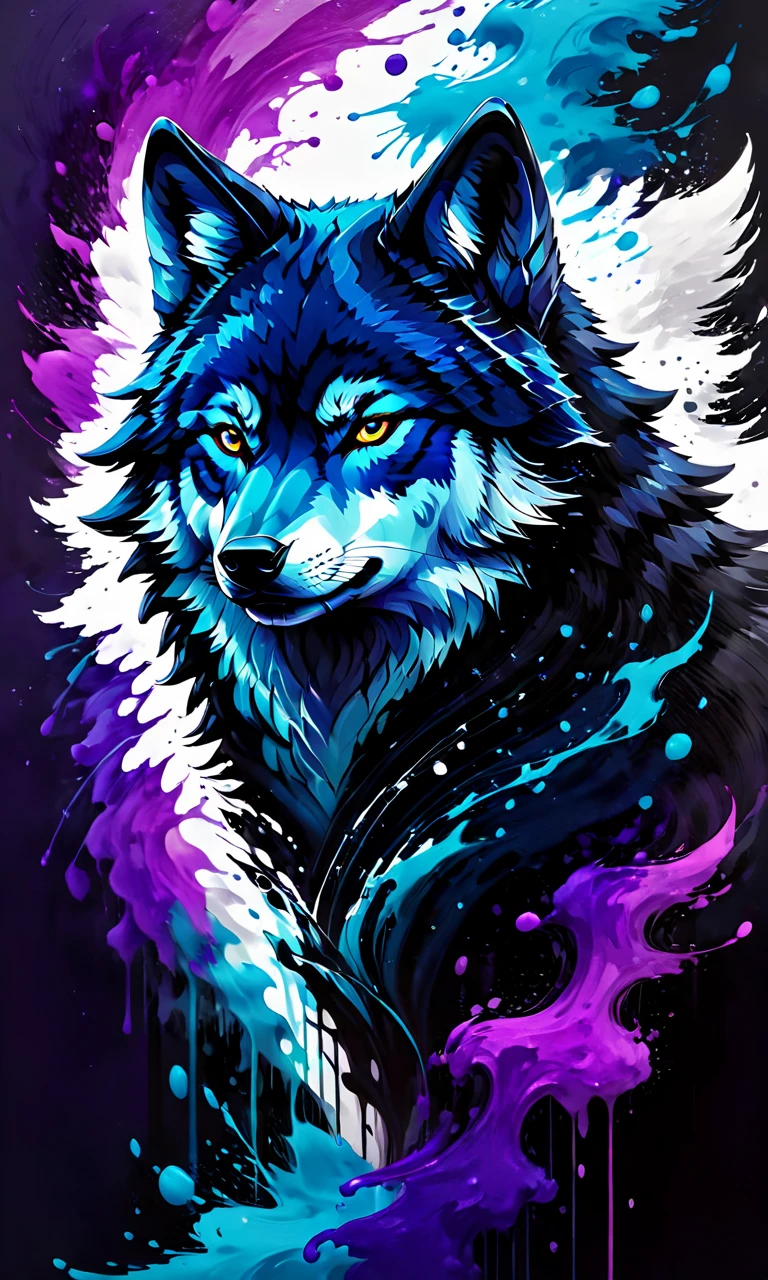 a stylized painting of a wolf, paintsplashsdxl, <lora:paintsplashsdxl:1>, vibrant color, best quality, masterpiece, epic, flowing, purple and blue paint, legendary, mythical