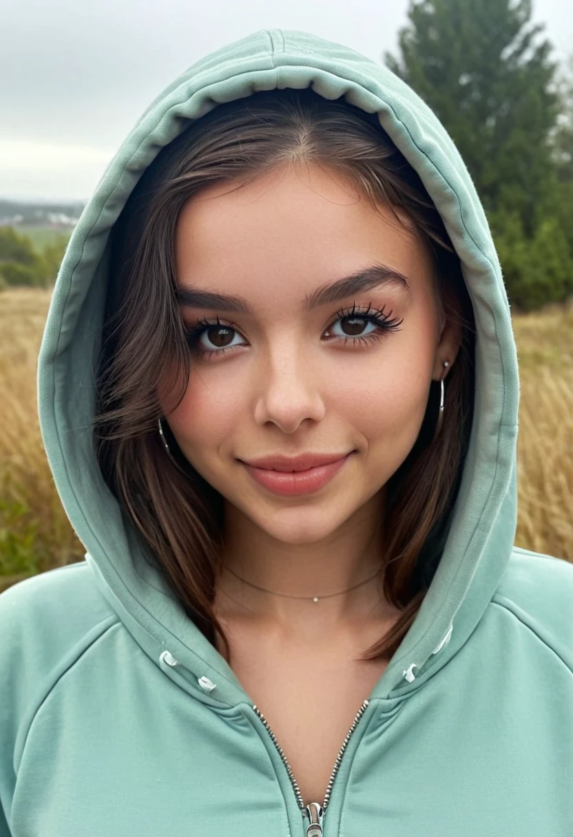 	1girl, wearing hoodie, smile, navel, eyeliner, makeup, upper body, outdoors, 8k, extremely detailed