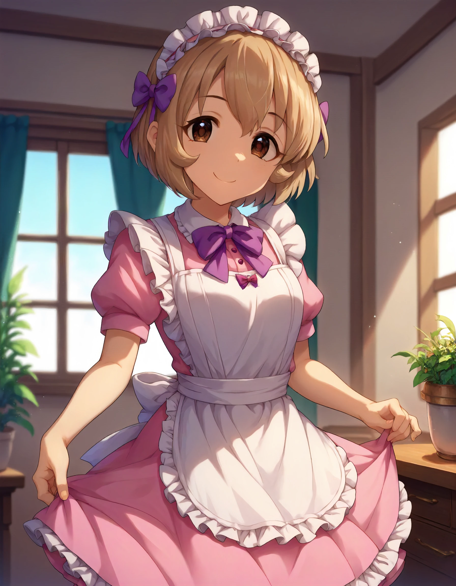 score_9, score_8_up,score_7_up,1girl,solo,cowboy shot,looking at viewer,smile,indoors,
<lora:kogakoharu_ponyXLV6:0.8>,cgkk,light brown hair,brown eyes,short hair,maid headdress,apron,puffy short sleeves,pink maid,purple bow