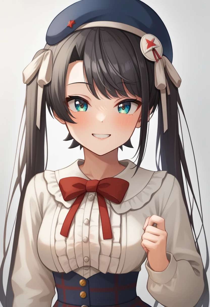 score_9,score_8_up,score_7_up,<lora:virgin_killer_outfit:1>,1girl,aqua_eyes,bad_id,bad_twitter_id,beret,black_hair,blue_hat,blue_skirt,blush,center_frills,collarbone,commentary_request,frilled_shirt_collar,hair_ribbon,high-waist_skirt,highres,long_hair,long_sleeves,looking_at_viewer,official_alternate_costume,official_alternate_hair_length,oozora_subaru_\(casual\),parted_lips,red_bowtie,red_ribbon,smile,solo,steepled_fingers,swept_bangs,twintails,upper_body,virgin_killer_outfit,virtual_youtuber,white_background,white_shirt,