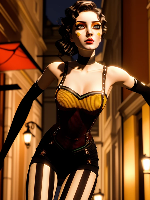 cntrst, cntrstDawn, tall slender woman, dynamic action pose, jumping in air, outstretched arms, wearing a red and yellow corset with black straps, black choker, black long gloves, black and white striped leggings stockings, dark shorts over it, (detailed face, correct eyes, correct facial features, focus on her face)+++, makeup, white skin, dramatic makeup with yellow eyeshadow, black eyeliner, bold red lips, pink blush, focus on face, smooth shading, detailed clothing, realistic cloth texture, fabric folds, dramatic lighting, shadows, 3d model, contrast game screenshot, (high resolution, best quality)+++, noir 1902s style, outdoor epic night Paris city scenery <lora:cntrst:0.9> <lora:lora_perfecteyes_v1_from_v1_160:0.8> photo of perfecteyes eyes, perfecteyes eyes