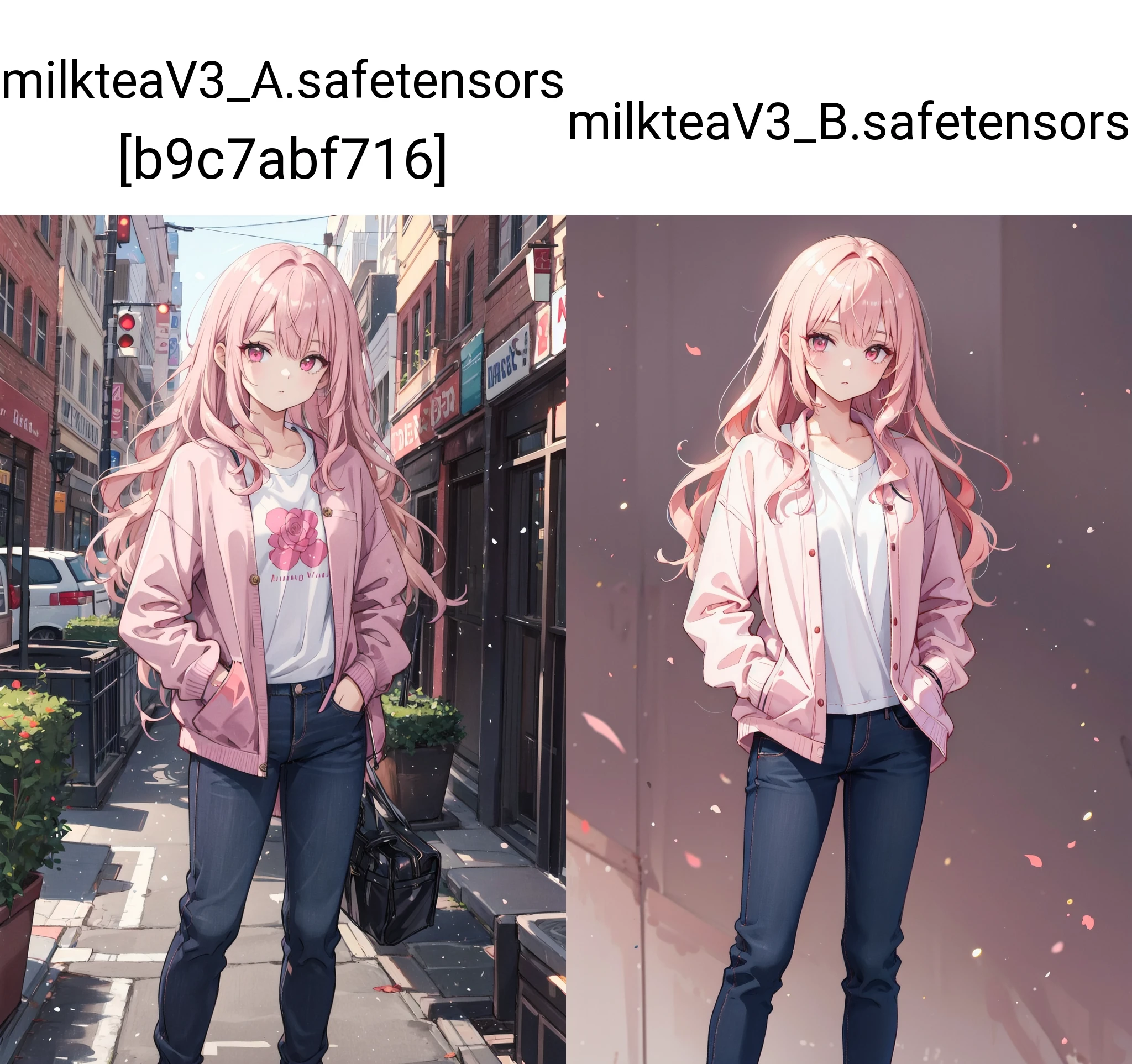 hands in pockets, casual stance,
beautiful person, solo, wavy long hair, rose gold hair, pink eye,