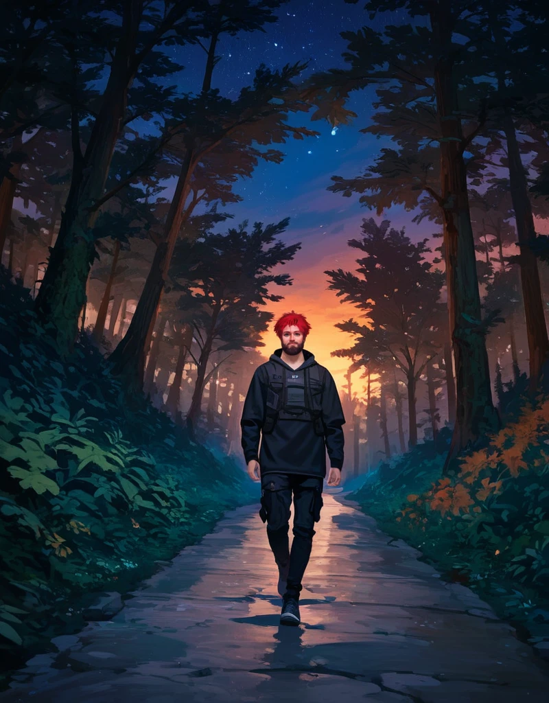 zPDXL2, <lora:TechwearV2:1>, t3chwear, 
1boy, detailed eyes, beard, short red hair, walking on a forest path at night, night sky, viewed from behind