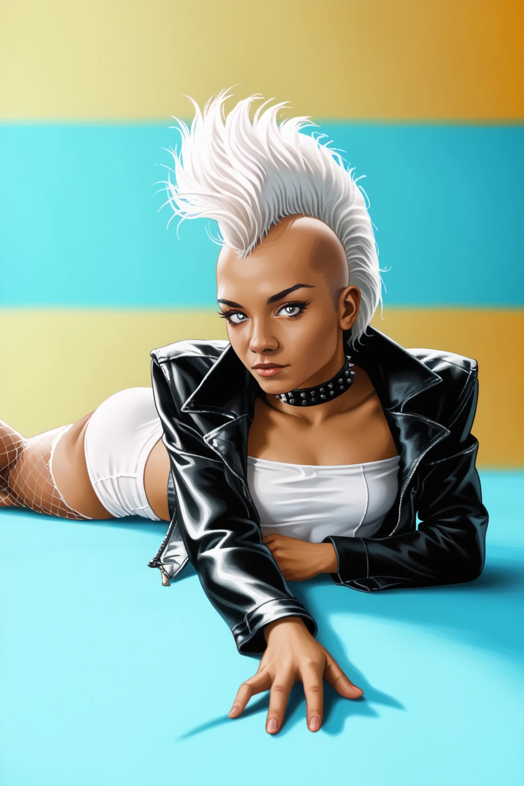 <lora:add-detail-xl:1>,<lora:Storm_80s_PDXL_spamb0t:1>,Marvel_Storm_80s
BREAK [SEP] (white mohawk,dark skin,white eyes:1.1)
BREAK [SEP] spiked choker,black cropped jacket,white tubetop,black miniskirt,exposed midriff
BREAK [SEP] high heel boots,fishnet thighhighs
BREAK [SEP] laying on stomach, ass up,abstract background
BREAK [SEP] high quality,film grain,modeling shoot,full body shot
BREAK [SEP] looking at viewer,insanely detailed,best quality,masterpiece,(photorealistic:1.3)