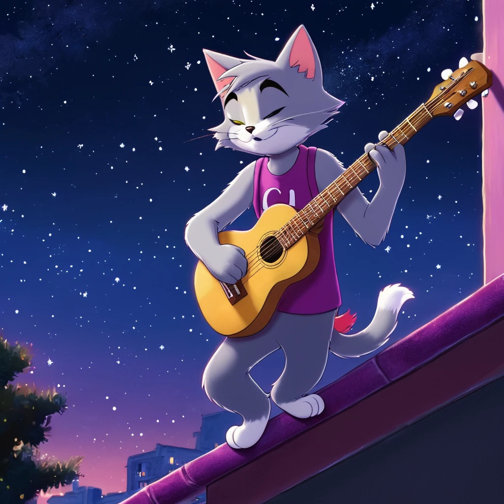 anime artwork of  <lora:animated cartoon style:0.9>
A cartoon animated picture of a cartoon grey cat tom playing a guitar on a balcony, animated cartoon style, solo, shirt, long sleeves, 1boy, hat, holding, animal ears, closed mouth, standing, tail, male focus, outdoors, sky, sleeveless, cat ears, cat tail, sleeveless shirt, night, furry, star (sky), instrument, night sky, starry sky, purple shirt, furry male, music, guitar, body fur, pink headwear, purple headwear, holding instrument, hat feather, playing instrument, cat boy, acoustic guitar
, anime style, key visual, vibrant, studio anime,  highly detailed