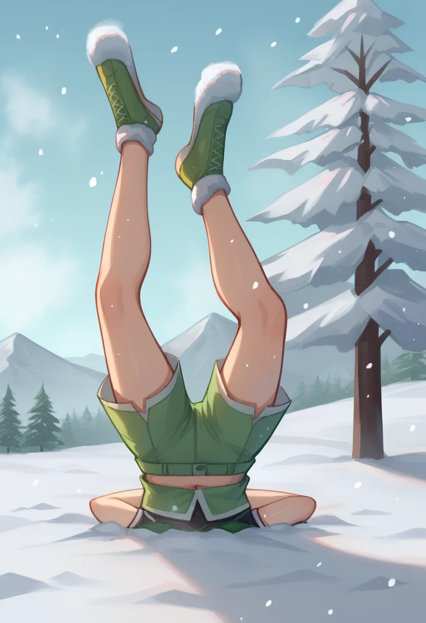 score_9,score_8_up,score_7_up,<lora:ichizoku_pose_pony:1>,1girl, bare_tree, commentary_request, feet_up, green_footwear, green_shorts, inugami-ke_no_ichizoku_pose, mountainous_horizon, outdoors, parody, partially_buried, scene_reference, shoes, shorts, snow, snowing, solo, tree, upside-down, winter, zundamon