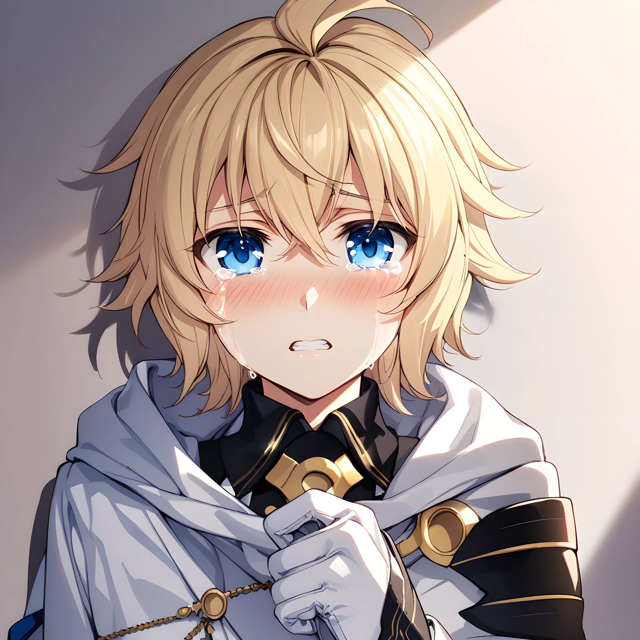 (masterpiece),(best quality),(ultra-detailed),(best illustration),(best shadow),(absurdres),(detailed background),(very aesthetic),hyakuya mikaela, blonde hair, 1boy, blue eyes, male focus, gloves, solo, white gloves, white background, tears, looking at viewer, blush, crying, simple background, teeth, upper body<lora:mikaela:1>