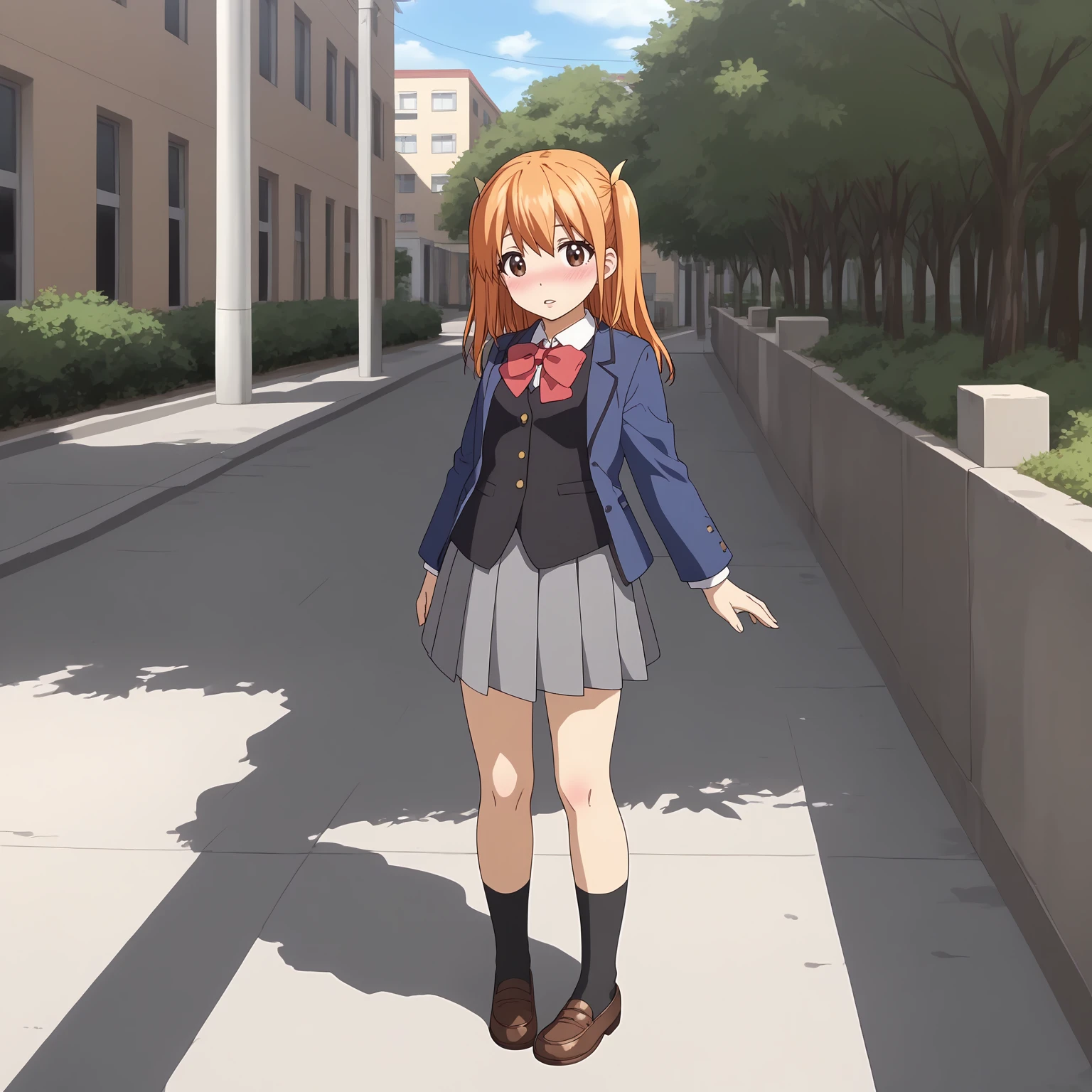 <lora:AgehaHikitaXLpony001>,
parted lips,blush,
solo,
AgehaHikita,1girl,orange hair,two side up,brown eyes,
school_uniform,blue jacket,black vest,red bowtie,
pleated_skirt,gray skirt,
black socks,
outdoors,
full body,