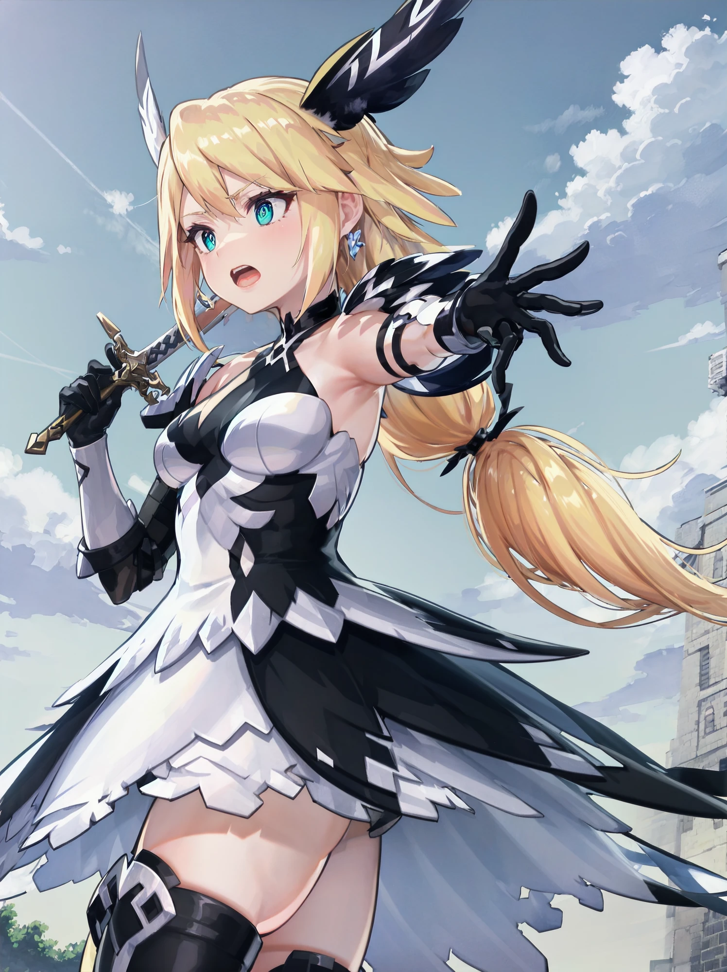 absurdres, high detail, 4k,
outdoors, park, sky, isometric, upper body.
fighting stance, outstretched arm, holding sword, long sword, serious, open mouth,
solo, superbia, twintails, dorigin, horns, multicolored dress, halterneck, white dress, black dress, sleeveless, shoulder armor, feathers, black gloves, knee boots, multicolored boots, heels,
<lora:MGCM-superbia-t1:0.8>
