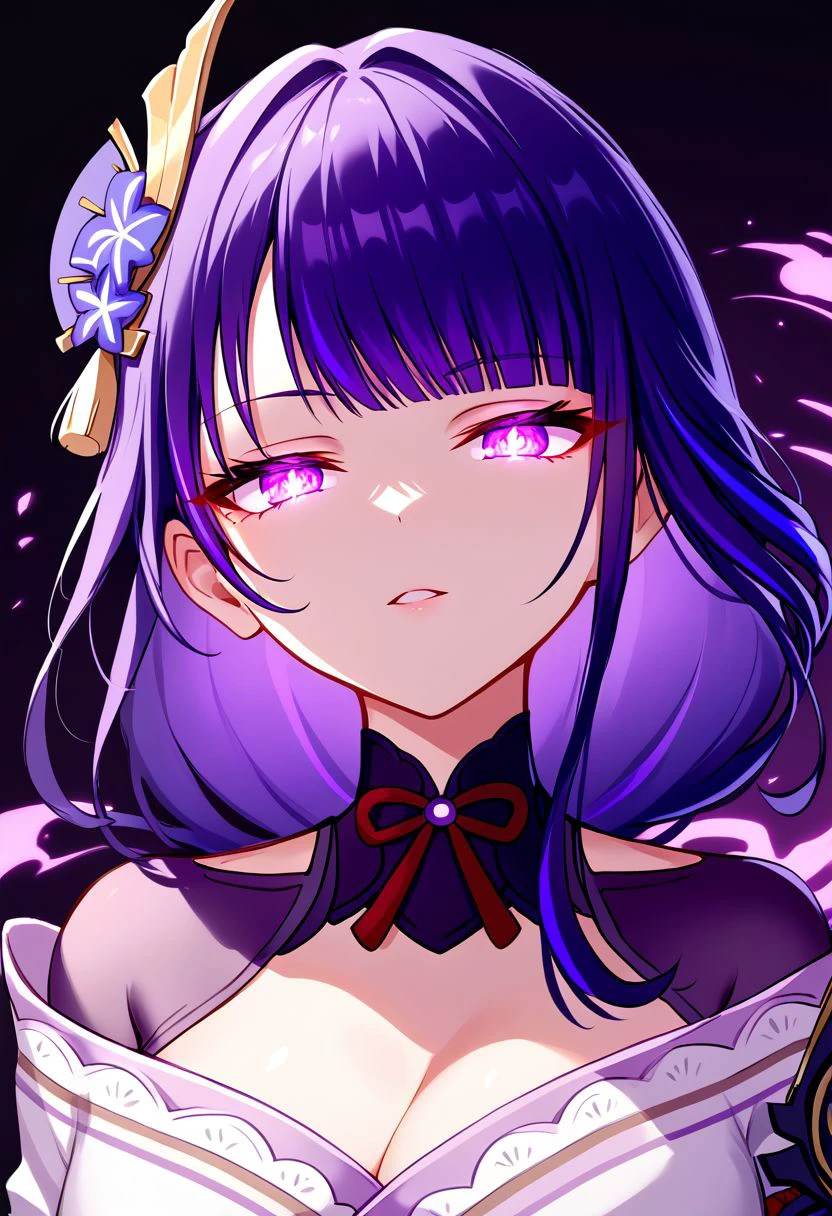 score_9, score_8_up, score_7_up, 1girl, BREAK,
purple eyes, purple hair, raiden shogun, 
INKxXmo Dark Theme, Shaded Face, glowing ,Glowing eyes, dark background,