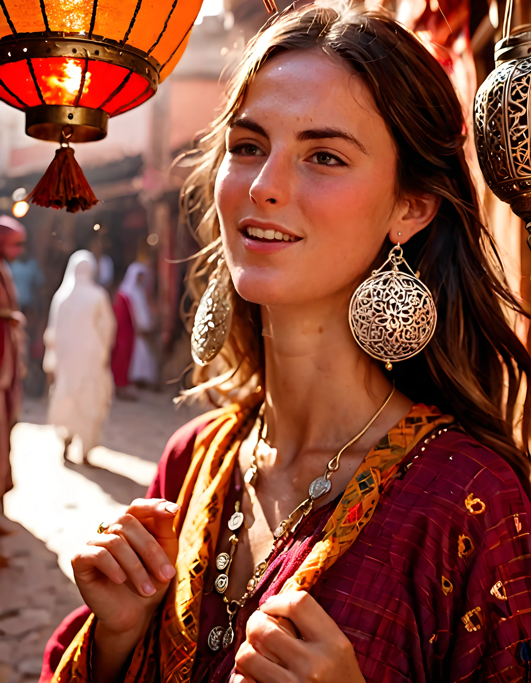 In a captivating tableau set against the backdrop of a vibrant, sun-drenched Moroccan souk, L1VH4RP3R, a striking woman with a cascade of chestnut and raven waves framing her radiant face, strikes an enigmatic pose. Her eyes are gently closed, parted lips hinting at a secret smile as she savors the aroma of exotic spices wafting through the air. The soft golden light filters through intricate, colorful lanterns hanging overhead, casting dappled shadows on her delicate freckles and highlighting the glint of silver earrings that punctuate her earlobes. Her unique outfit, a breathtaking fusion of traditional Moroccan and modern Western styles, features a flowing, embroidered djellaba in rich crimson hues, cinched at the waist with a wide, gold belt adorned with intricate silver pendants. With one hand resting on a woven market bag brimming with vibrant spices and trinkets, she exudes an air of mystery and allure that captivates all who lay eyes upon her in this enchanting scene.