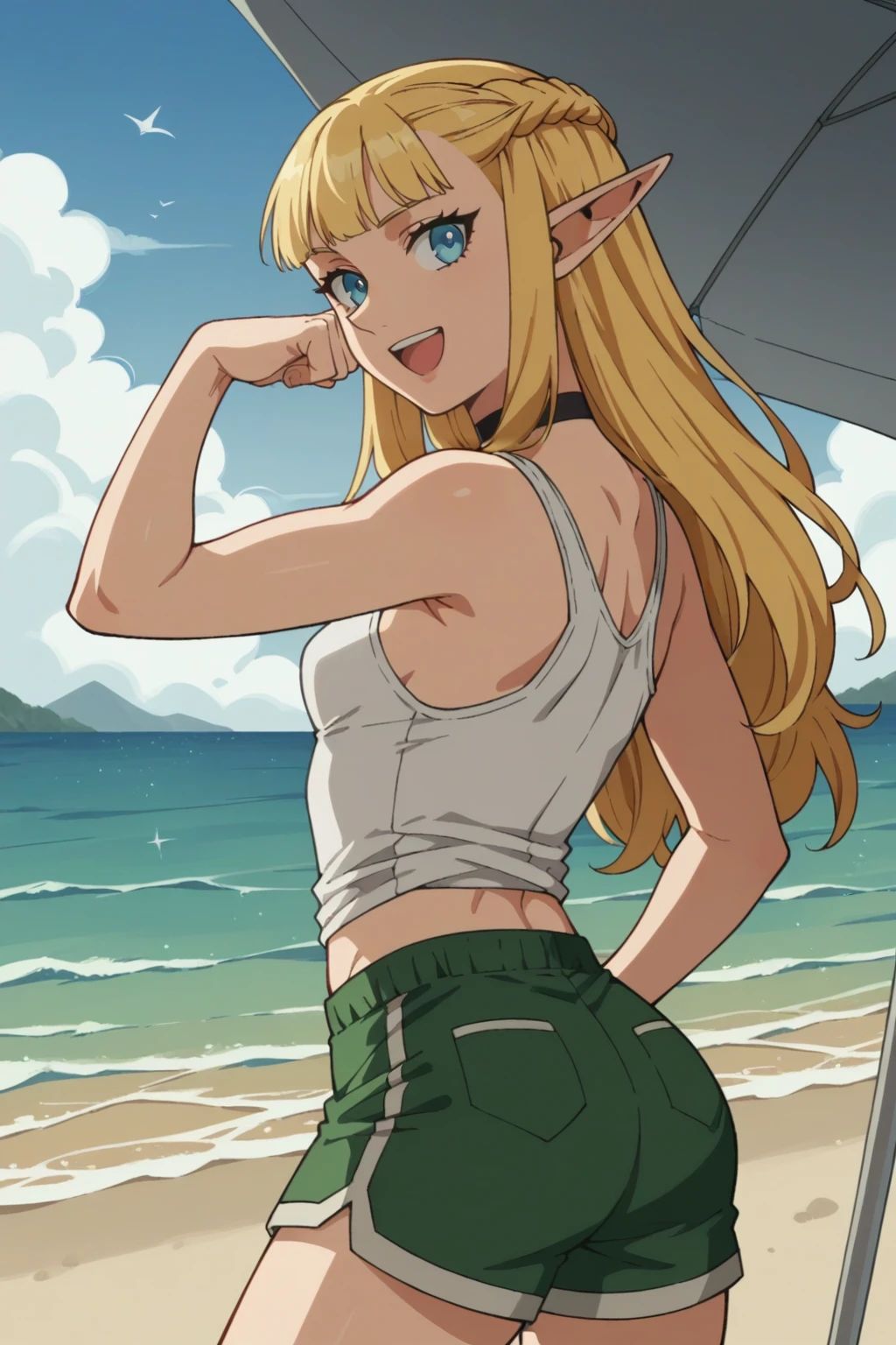 score_9, score_8_up, score_7_up, source_anime, 1girl, prefect lighting, very aesthetic, intricate details, highly detailed background, masterpiece, high quality, prefect hands, best quality, solo,
<lora:Pattadol_Dungeon_Meshi_V1:.85>, blonde hair, light blue eyes,  pointy ears, pointy nose, braid, long hair, 
green shorts, white tank top, black choker,
from back, smile, flexing, open mouth, looking back, 
beach, sunny, umbrella, palm tree, mountains, ocean, shoreline,
(Beautiful, small Breasts:1.2), natural breasts,