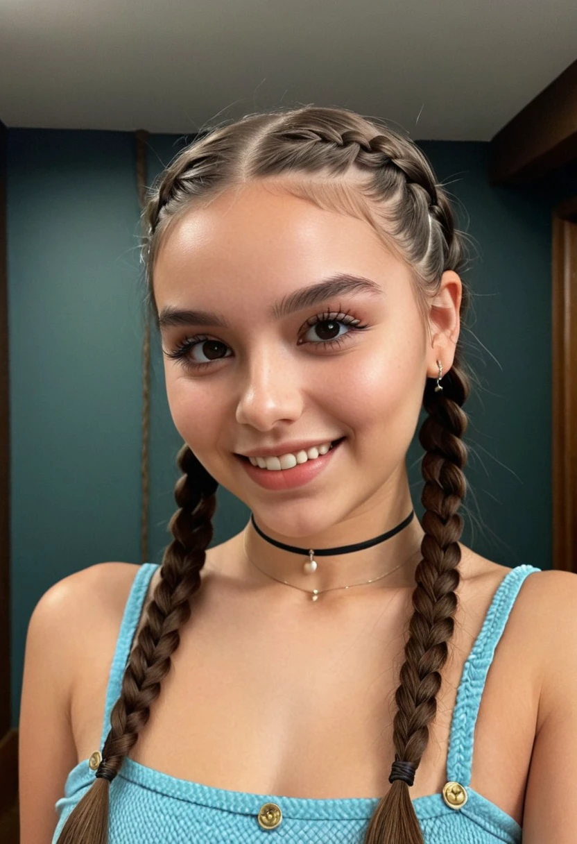 	1girl, twin braids, smile, navel, eyeliner, makeup, upper body, 8k, extremely detailed