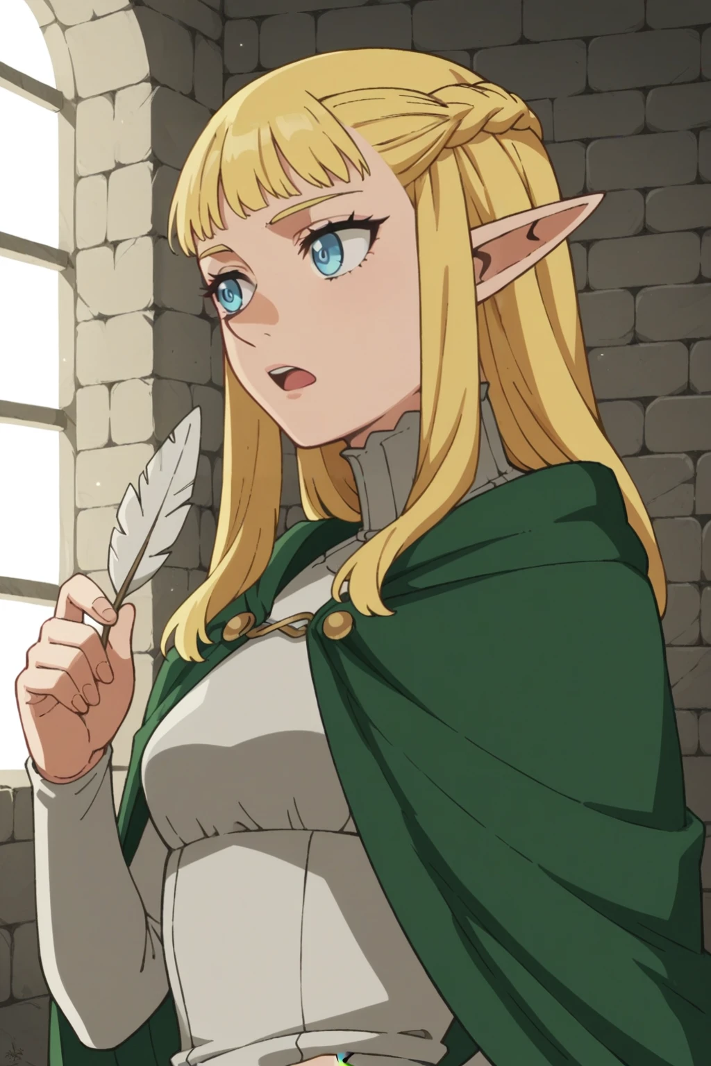 score_9, score_8_up, score_7_up, source_anime, 1girl, prefect lighting, very aesthetic, intricate details, highly detailed background, masterpiece, high quality, prefect hands, best quality, solo,
<lora:Pattadol_Dungeon_Meshi_V1:.75>, blonde hair, light blue eyes,  pointy ears, pointy nose, braid, long hair, 
green cape, white turtleneck dress, long sleeves, 
holding feather, open mouth, curious, looking to the side, hand on own hip, 
dungeon, stone wall, dark, dim lights,
(Beautiful, small Breasts:1.2), natural breasts,