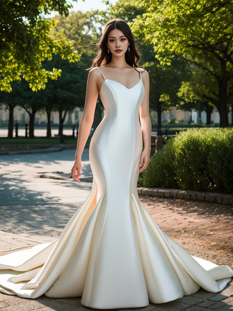 <lora:MWeddingDress:1> mdress, satin white mermaid wedding dress, 1girl, in the park,(8k, best quality, masterpiece:1.2), (realistic, photo-realistic:1.37), ultra-detailed, looking at viewer, full body, warm tone, cinematic light,