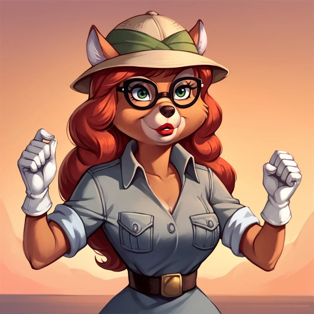 score_9, score_8_up, score_7_up, score_6_up, score_5_up, score_4_up, (Source talespin), (rating safe),  <lora:katiedodd:1>, katie dodd, 1girl, solo, long hair, breasts, shirt, gloves, hat, animal ears, medium breasts, upper body, short sleeves, red hair, glasses, collared shirt, white gloves, lips, hands up, makeup, furry, black-framed eyewear, pocket, sunset, breast pocket, animal nose, orange sky, furry female, fox girl, green eyes, body fur, brown fur, lipstick, red lips