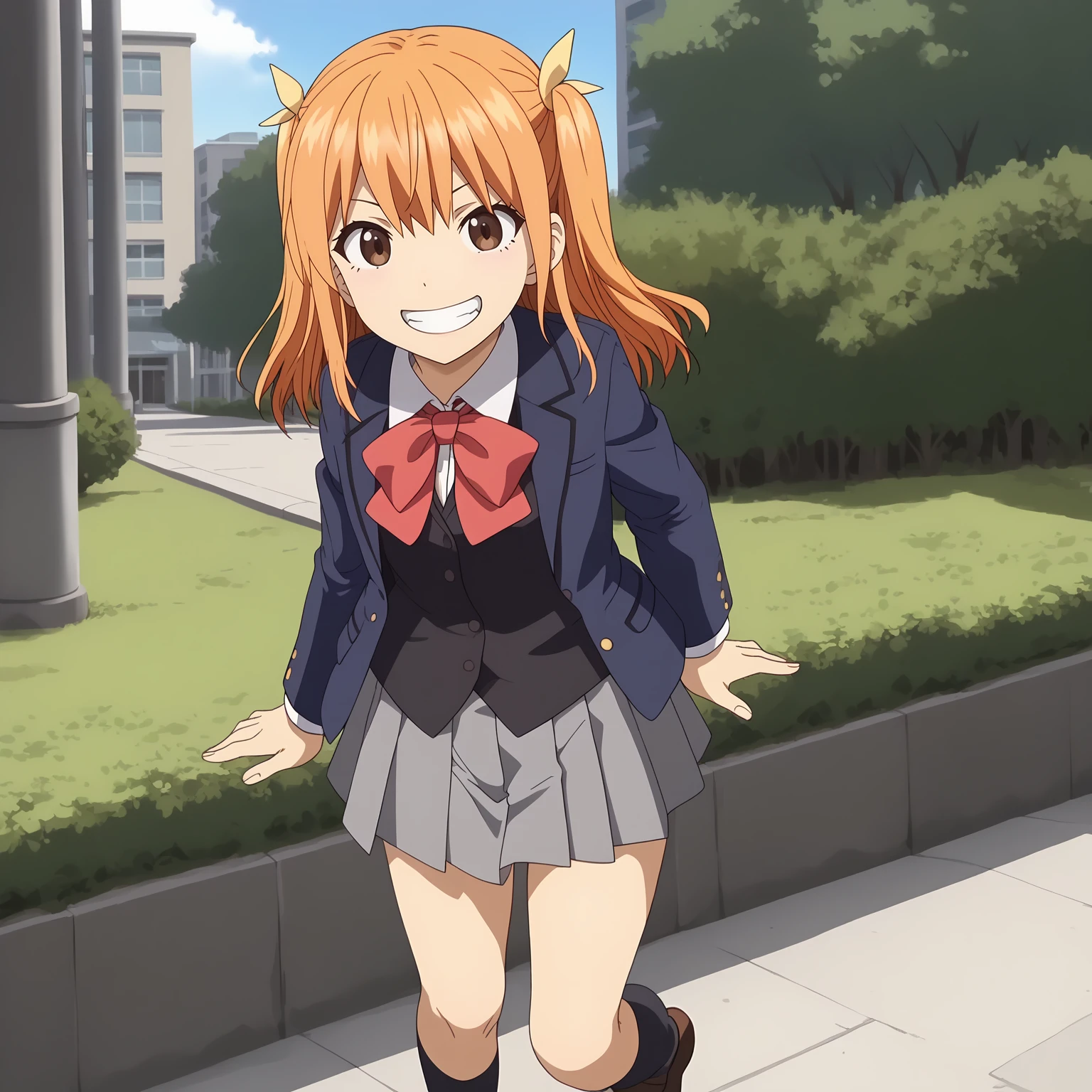 <lora:AgehaHikitaXLpony001>,
grin,
solo,
AgehaHikita,1girl,orange hair,two side up,brown eyes,
school_uniform,blue jacket,black vest,red bowtie,
pleated_skirt,gray skirt,
black socks,
outdoors,
full body,