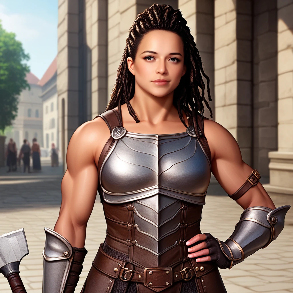 score_9, score_8_up, score_7_up, source_anime, photograph, upper body of  <lora:Michelle Rodriguez Pony:1> meg woman, tanned skin, looking at the body, muscular body, armored legs, she's wearing (greaves), dreadlocks, wearing a leather armor, she's a dungeons and dragons (barbarian),holding an axe, gauntlets, fingerless gloves, sleeveless, standing in a fantasy medieval city, stone walls in the distance, fantasy genre, rating_safe