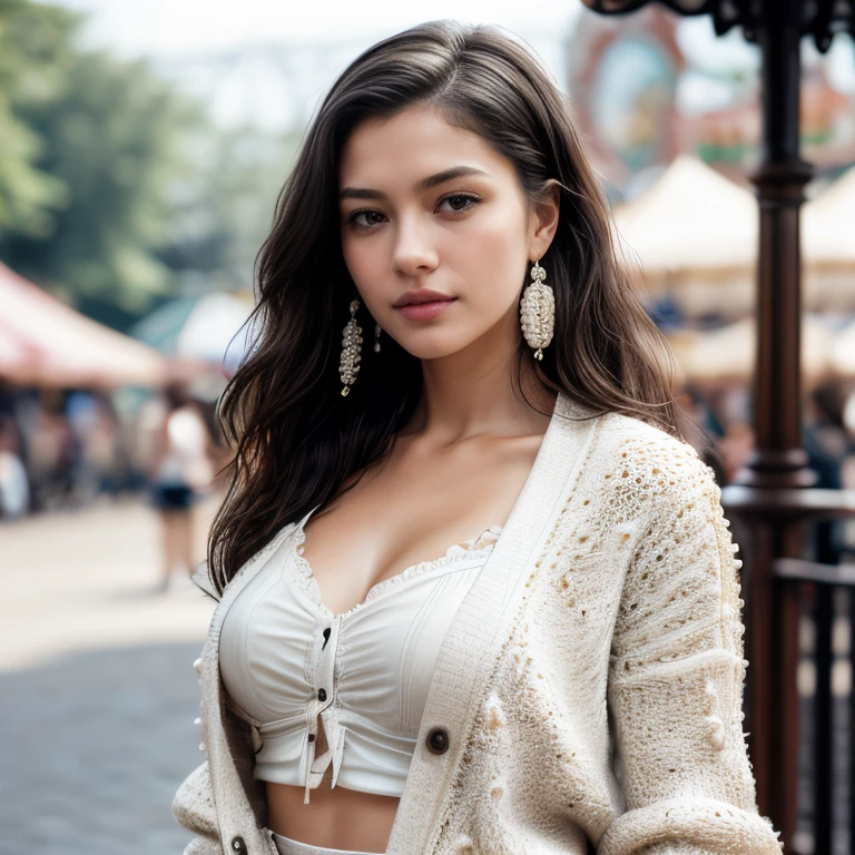A hyper-realistic portrait of a stunning 21-year-old woman with luscious, full lips and mesmerizing green, almond-shaped eyes. She has flowing brown hair that frames her face perfectly, giving her a captivating and glamorous look similar to Madison Beer. Her expression is warm and inviting, illuminated by the soft, golden-hour sunlight that highlights her features beautifully. She is on the street, bending down slightly to pick up her bracelet from the ground, wearing a white top with a plunging neckline that leaves a small gap between her fabric and her breasts, paired with a matching white skirt. Capture this image with a high-resolution photograph using an 85mm lens for the most flattering perspective and depth of field. The background should subtly showcase the street setting, enhancing the overall dynamic and engaging atmosphere.

