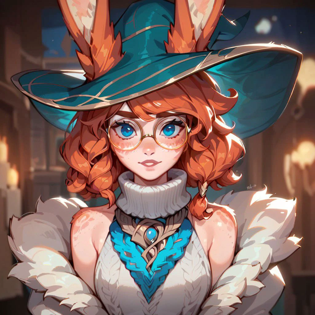 (((beautiful, high quality))), score_9, score_8_up, score_7_up, upper body,
AuroraLOL, 1girl, ginger hair, freckles, rabbit ears, rabbit tail, earring,
round glasses, witch hat, sleeveless sweater, white jacket with fur, white fingerless gloves, rope belt, blue shorts, thighhighs,
blurred background, looking at the viewer, posing,