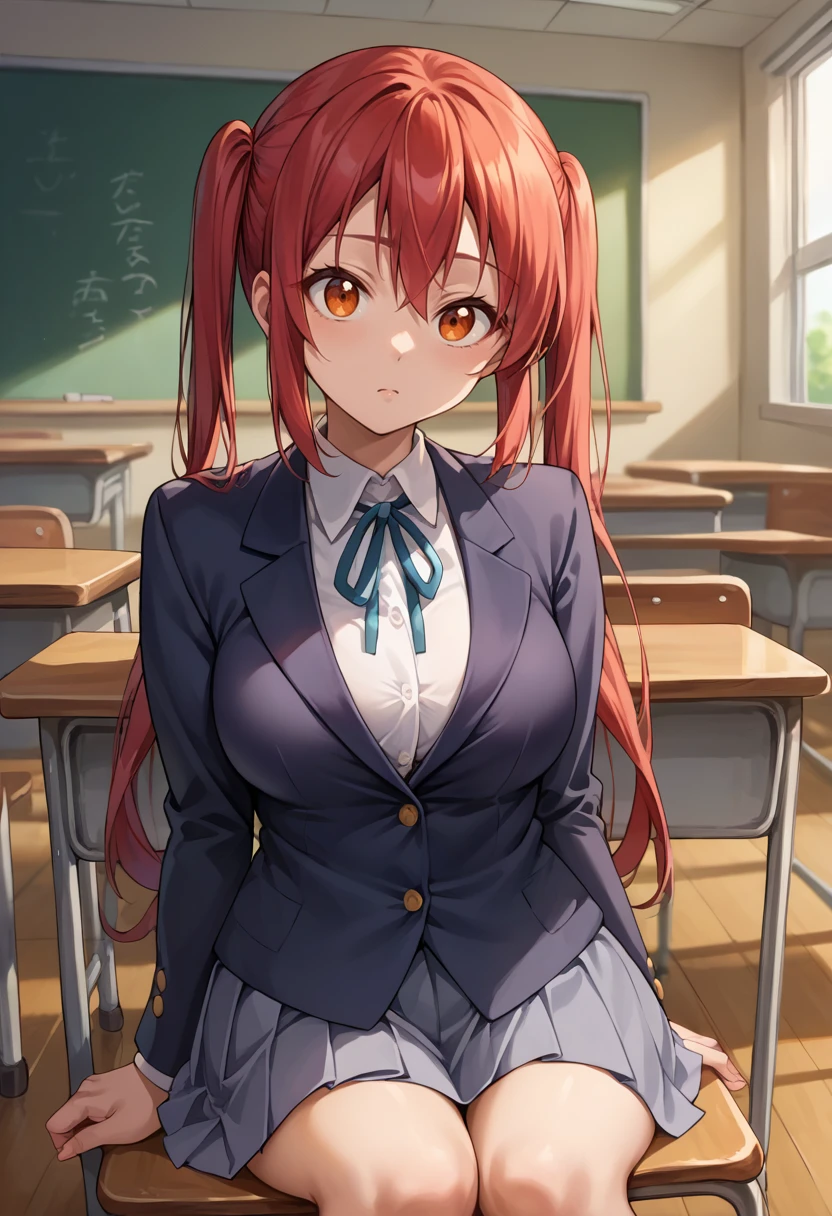 score_9, score_8_up, source_anime, 1girl, solo, red hair, twintails, orange eyes, large breasts, SakuragaokaWinter, sakuragaoka high school uniform, blazer, long sleeves, neck ribbon, grey skirt, indoors, sitting, on chair, classroom, <lora:ChamSakuragaokaHighPonyXL:1>