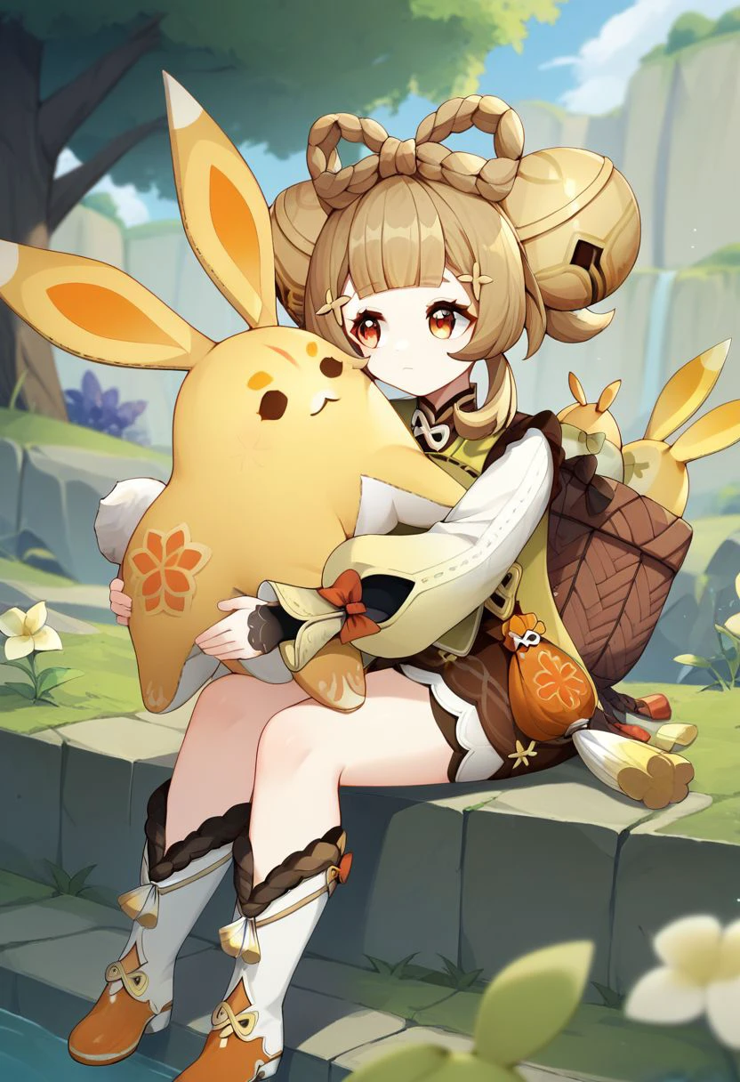 score_9, score_8, score_7, yaoyao (genshin impact), hair rings, closed mouth, boots, bow, sitting, outdoors, shorts, rabbit, object hug, puffy long sleeves