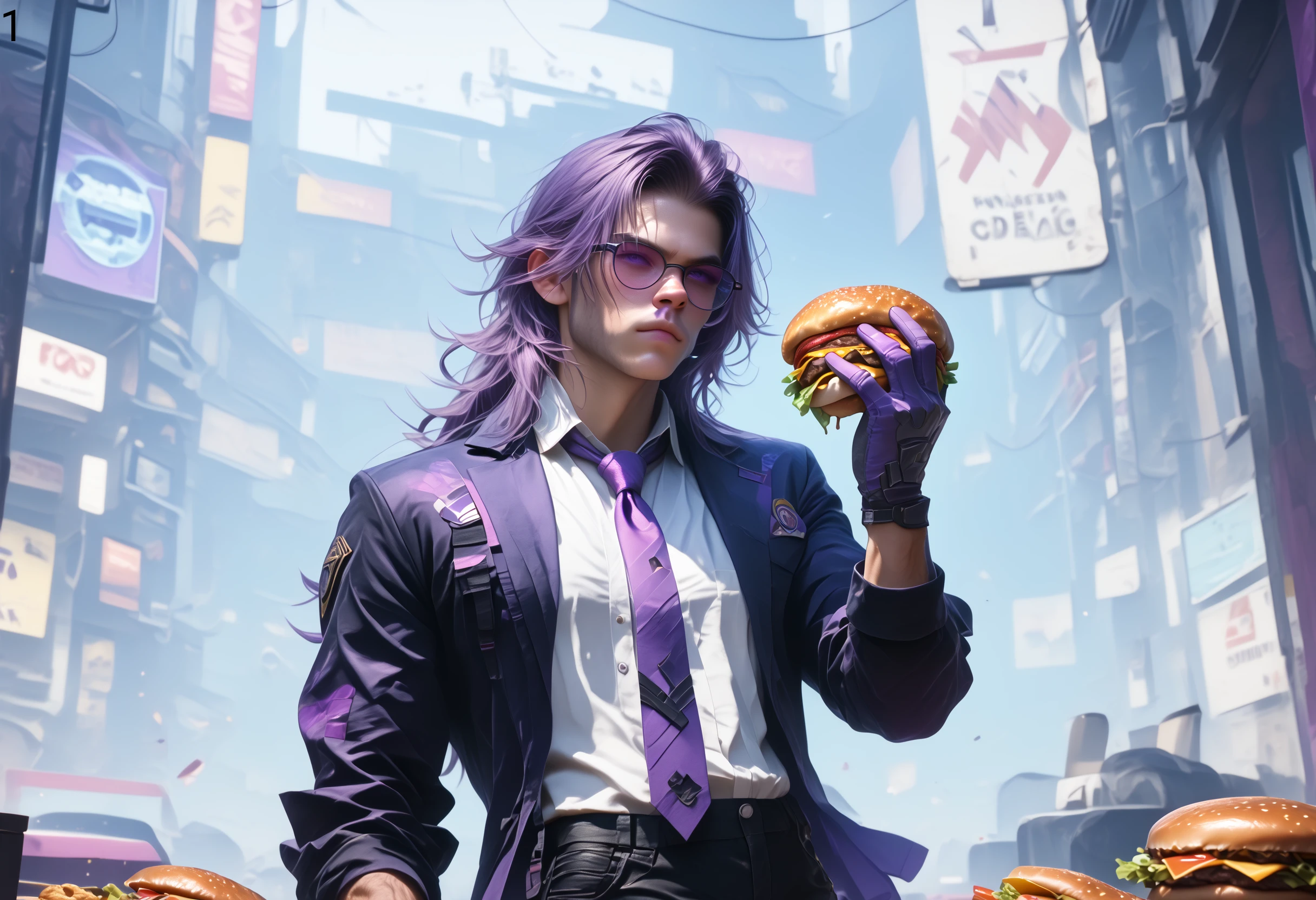 PonyXLV6_Scores BREAK  1girl, black jacket, black shorts, collared shirt, gloves, jacket, long hair, long sleeves, necktie, open clothes, pantyhose, purple gloves, purple hair, shirt, shorts, solo, eyewear on head, white shirt, holding, burger, eating burger, <lora:Virtual_3d_Diffusion_Update:1>