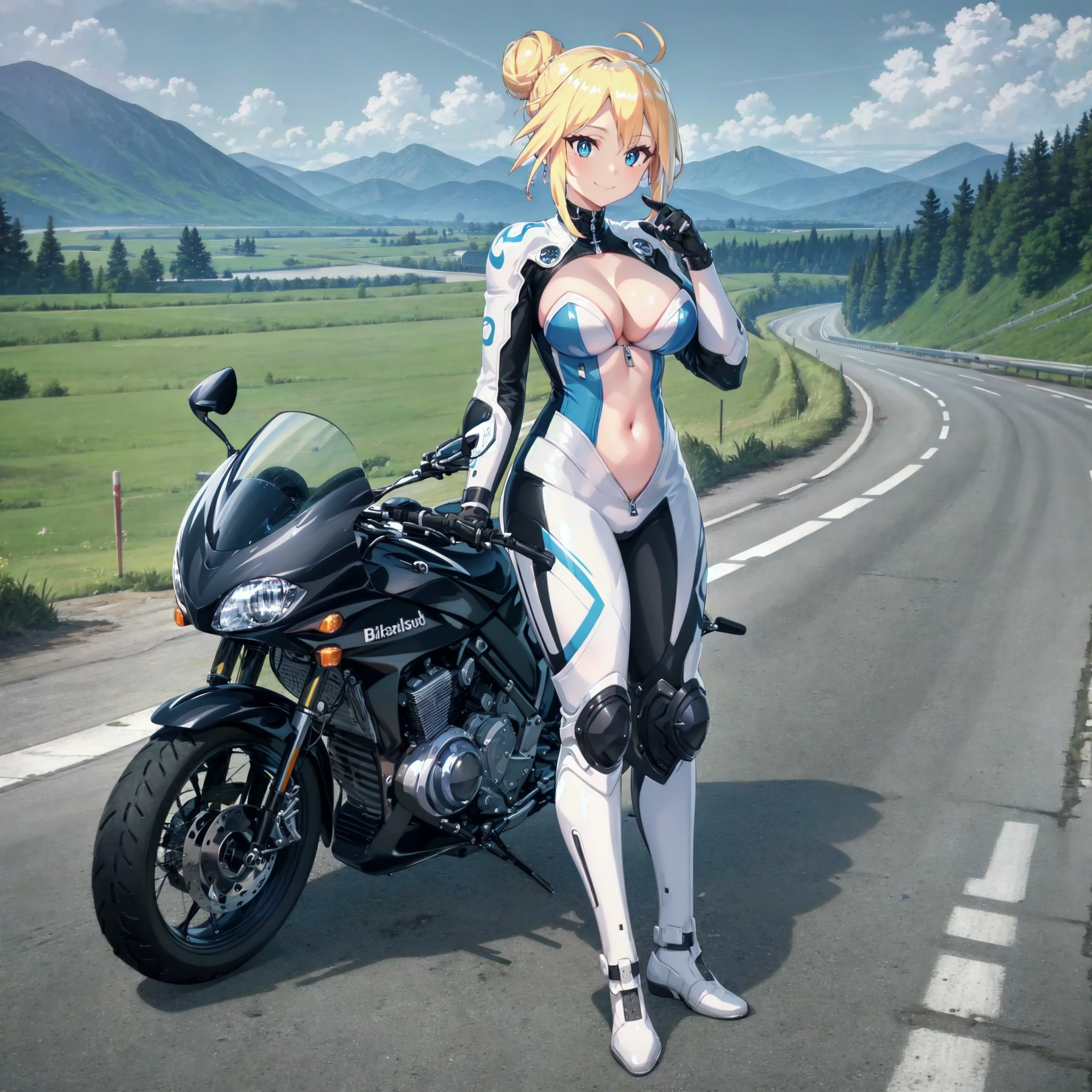 absurdres, high detail, 4k, highland, road, mountain background, landscape, blue sky, full body,
standing, leaning against motorcycle, holding motorcycle helmet, light smile,
superbia, single hair bun, bikesuit, cleavage, navel, zipper,
<lora:MGCM-superbia-t1:0.7>