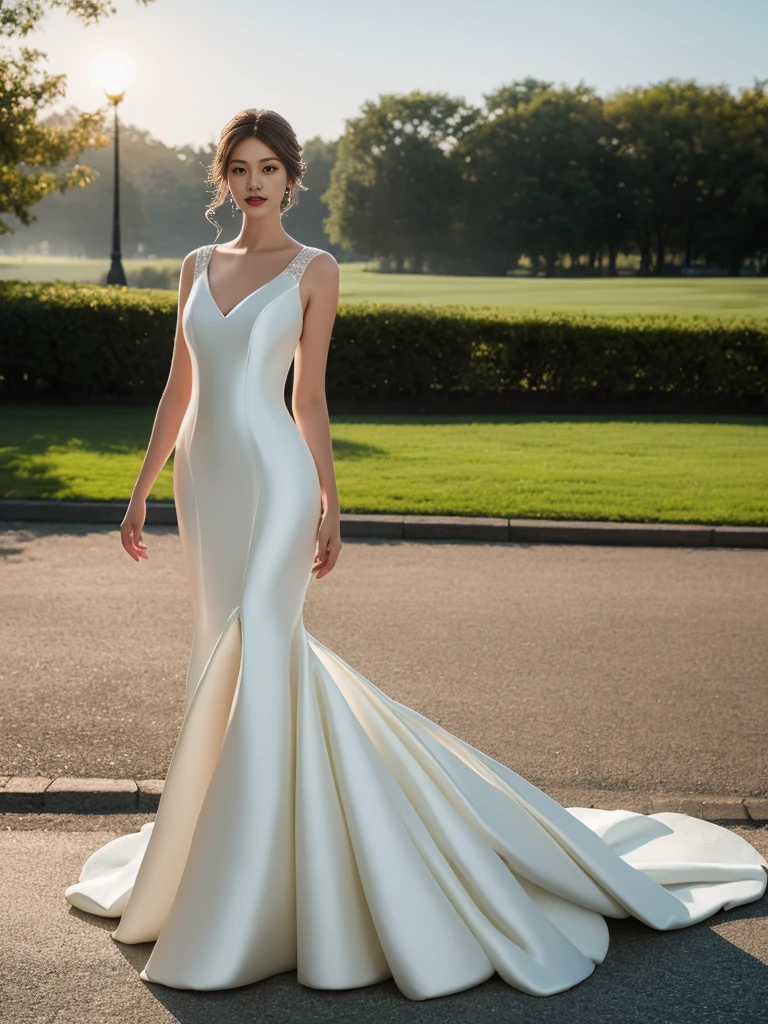 <lora:MWeddingDress:1> mdress, satin white mermaid wedding dress, 1girl, in the park,(8k, best quality, masterpiece:1.2), (realistic, photo-realistic:1.37), ultra-detailed, looking at viewer, full body, warm tone, cinematic light,