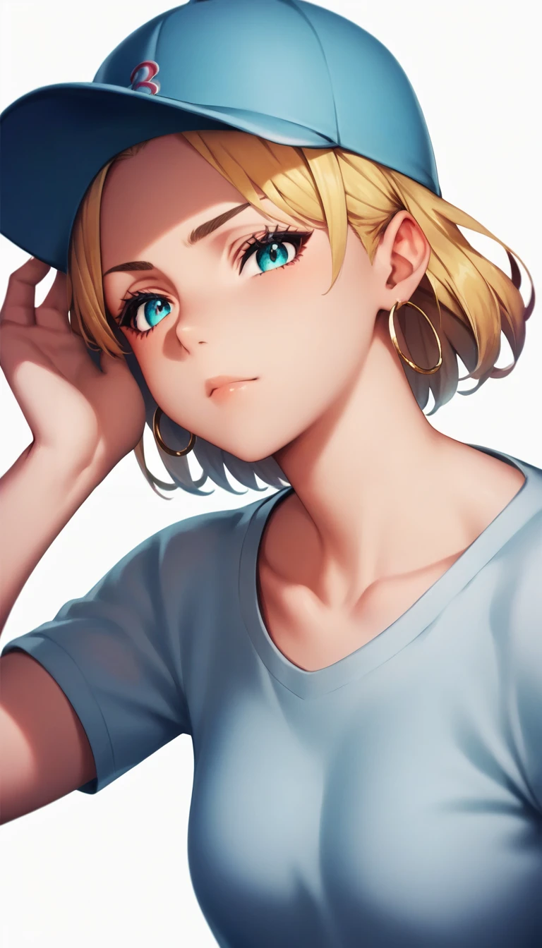 score_9, score_8_up, score_7_up, score_6_up, score_5_up, source_anime,  1girl, solo,  blonde hair,  short hair, aqua eyes, baseball cap,  shirt,  light blue shirt, earrings, hat, hoop earrings, jewelry, closed mouth, upper body, looking at viewer, simple background, white background,  <lora:MarkformStyleV1_PonyXL:0.8>