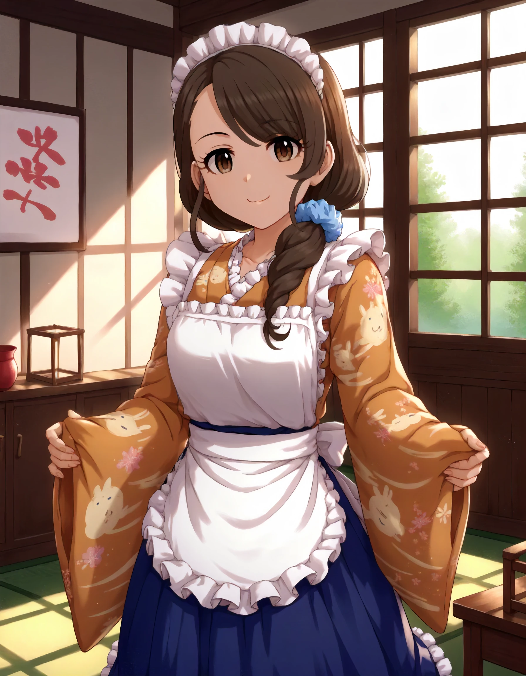 score_9, score_8_up,score_7_up,1girl,solo,cowboy shot,looking at viewer,smile,indoors,
<lora:mochidaarisa_ponyXLV6:0.8>,cgmar,brown hair,long hair,low ponytail,blue hair scrunchie,brown eyes,maid headdress,kimono,apron, wide sleeves,wa maid