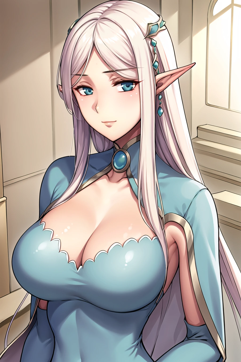 An elf princess, having sex with a guard, royal bedroom background, blushing, smiling sweetly, exposed pussy filled with huge white fluids, exposed breast.