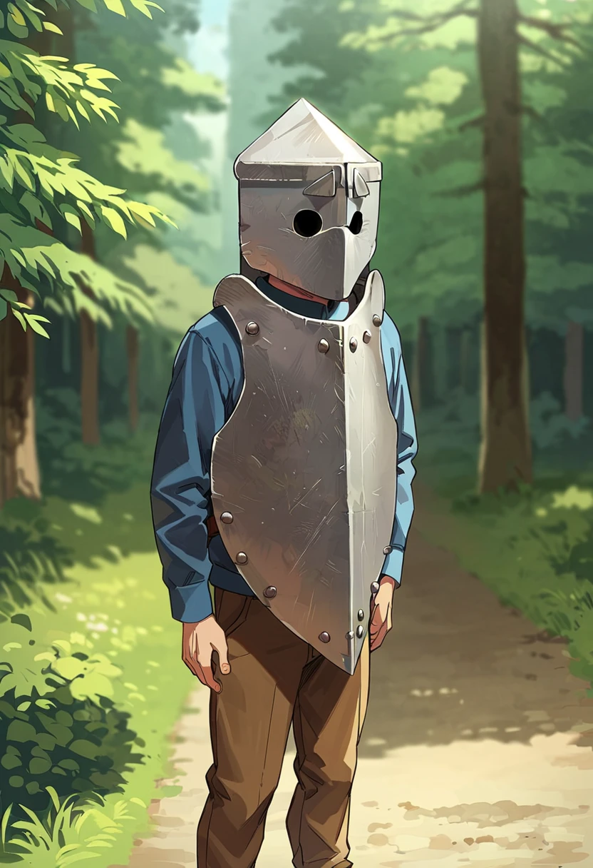 score_9,score_8_up,score_7_up,score_6_up,source_anime BREAK 1boy,standing,covered face,<lora:BrewsterPony2:0.95>, brewstershield,long sleeves,pants,looking at viewer,straight on,arms at sides,in forest