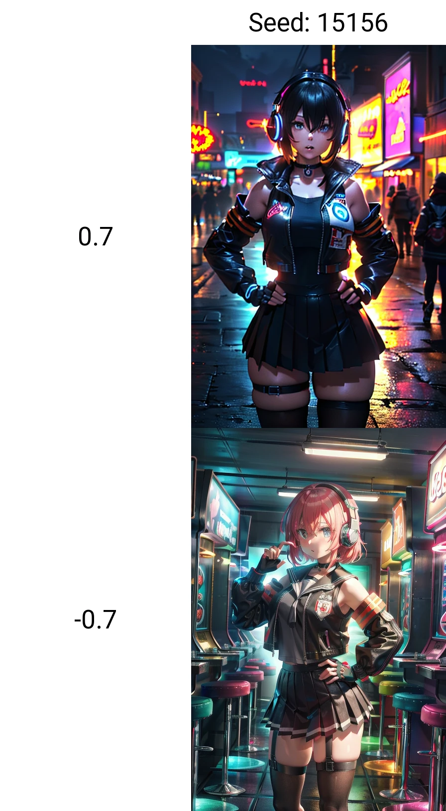 close up, front view, straight-on, fcPortrait, 1girl, anby demara, solo, black thighhighs, black pleated skirt, headphones, fingerless gloves, choker, cropped jacket, detached sleeves, thigh strap, standing, parted lips, looking at viewer, hand on hip, huge breasts, thick thighs, inside, arcade, video games, arcade games, neon lights, cinematic lighting, absurdres, volumetric lighting , masterpiece, (super detailed), best quality, trending on artstation <lora:burnlight_fadecolors:0.7>