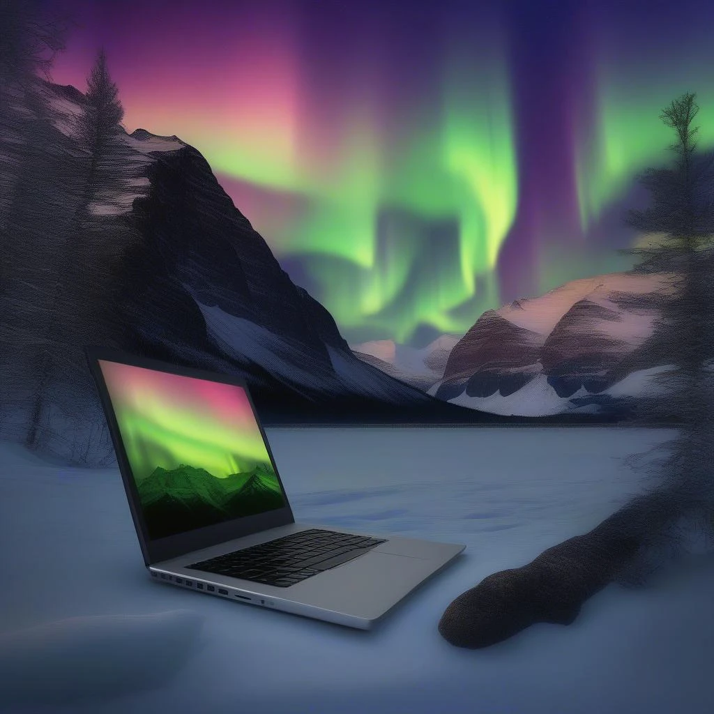  A black Laptop in the Beneath a sky ablaze with the Aurora Borealis, a breathtaking expanse of wilderness stretches as far as the eye can see. Ancient glaciers, their icy faces etched with the passage of millennia, descend from the towering peaks, their glacial tongues carving a path through the rugged landscape. The air crackles with a primal energy, carrying the scent of pine and the distant rumble of a glacier calving. A vast expanse of snow-covered tundra unfolds, its white blanket broken only by the occasional stand of hardy spruce and the meandering course of a frozen river. The stars, a million pinpricks of light, pierce the inky blackness, casting an ethereal glow upon this unforgiving yet awe-inspiring realm.