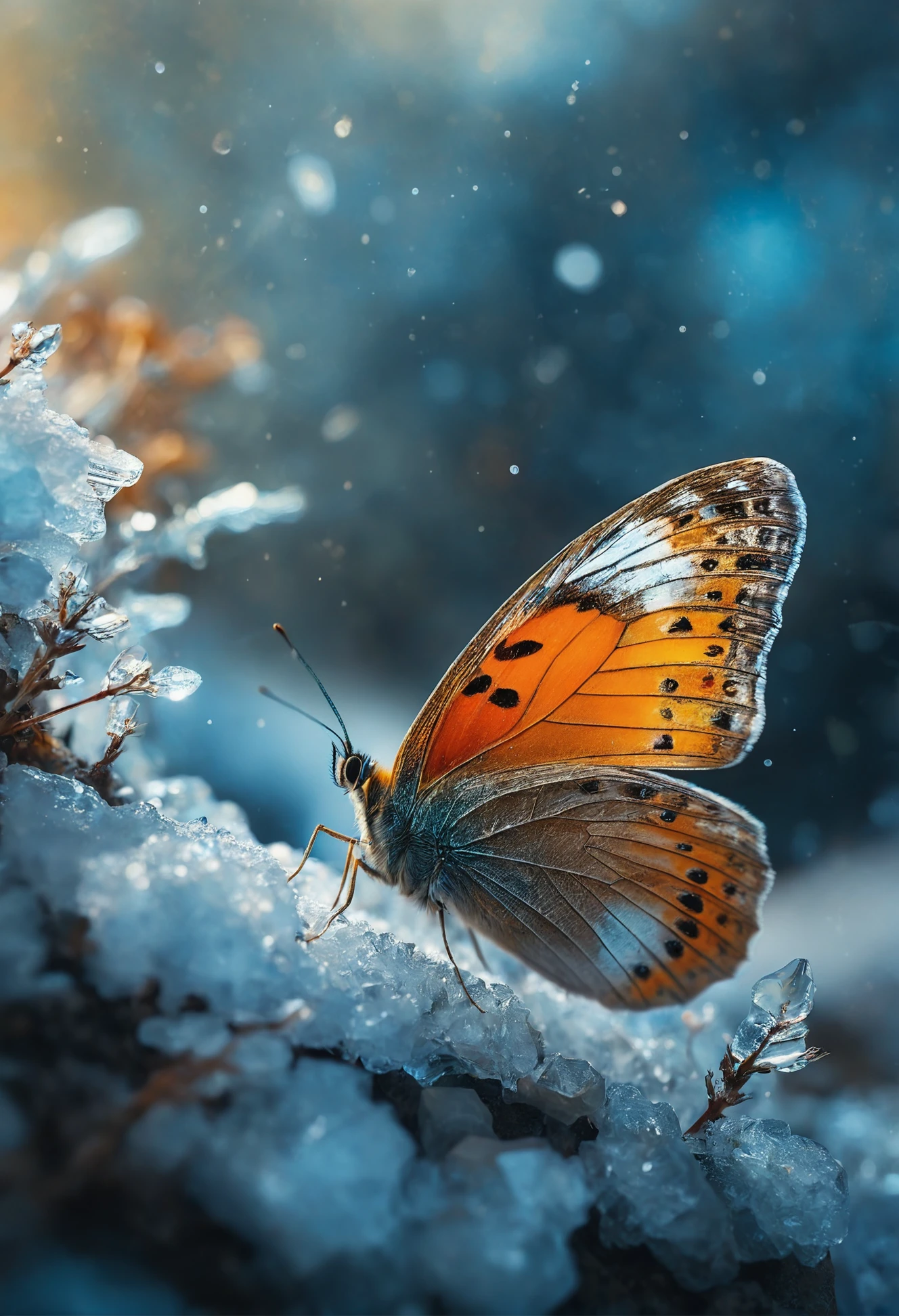 (a masterwork of fine art:1.0), (translucent) macro photography by RHADS and Alessio Albi and Aleksi Briclot and Andre Kohn, view from above, a butterfly with its wings wide open on a mineral surface covered with small ice crystals, transparent wings, crystal perfection, frosted edges, fantasy, (beautiful out go focus background with delicate abstract swirls effects and small delicate bokeh:1.5)