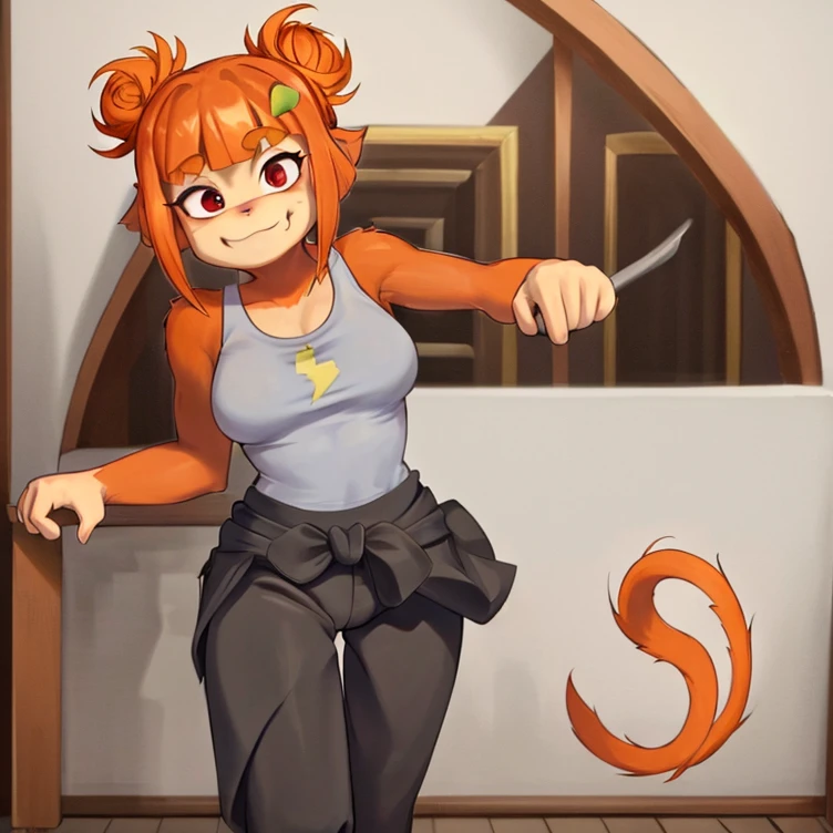 masterpiece, best quality, perfect image, best image, wallpaper, HD, UHD, best lighting, amazing, 1girl, solo,  tank top, black leggings, furry female, monkey girl, furry, double bun, orange hair, red eyes, monkey tail, side burns, leaf hair ornament, fur body, rosalia, standing, indoors, 