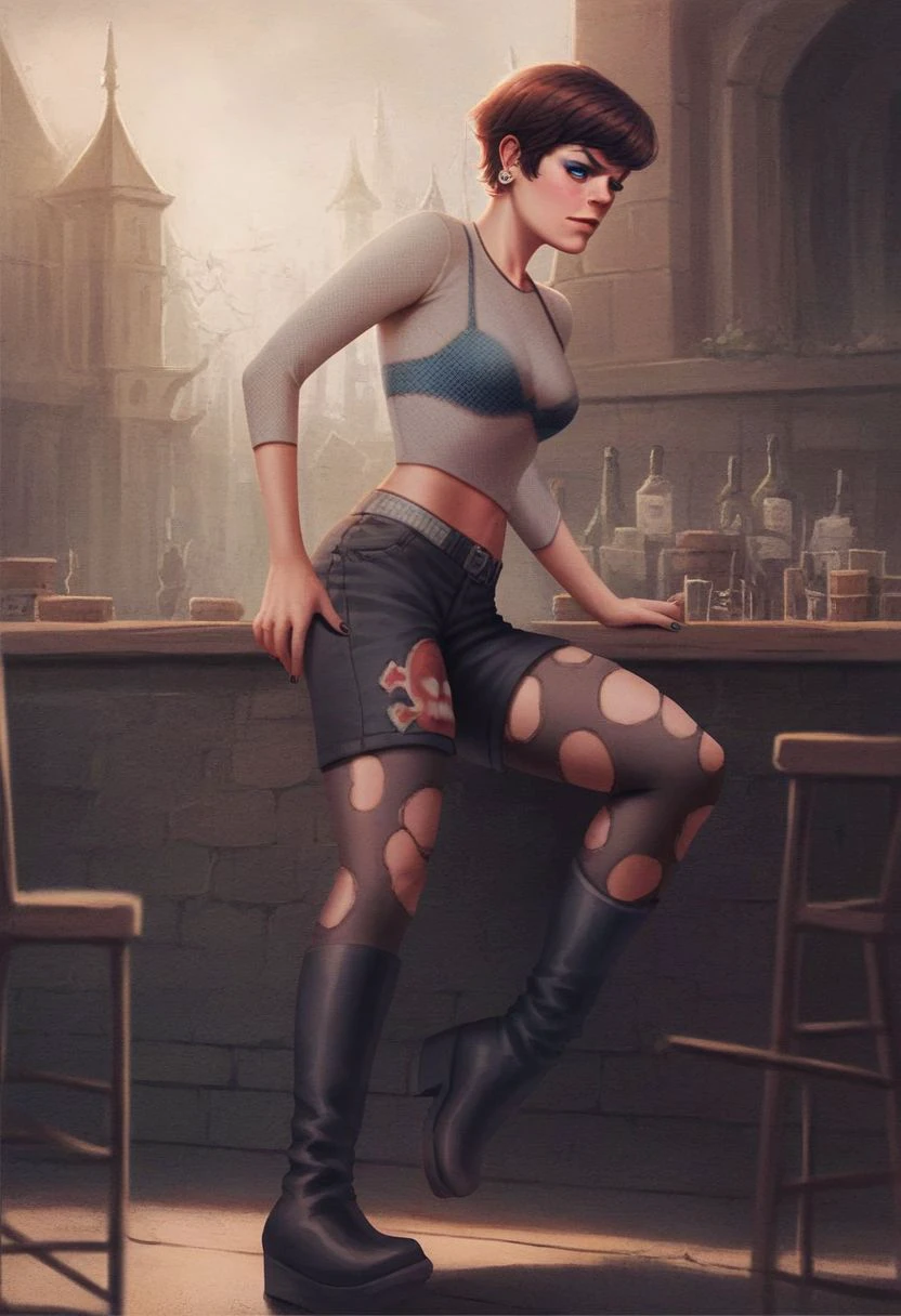 score_9_up, score_8_up, score_7_up, score_6_up, 1girl, solo, lizzy_ow, see-through top, bra, black shorts, torn fishnets, black knee boots, earrings, piercing, jewelry, black nails, blue eyes, in a pub, completely drunk, (realistic:1.2), (painted art:1.4)