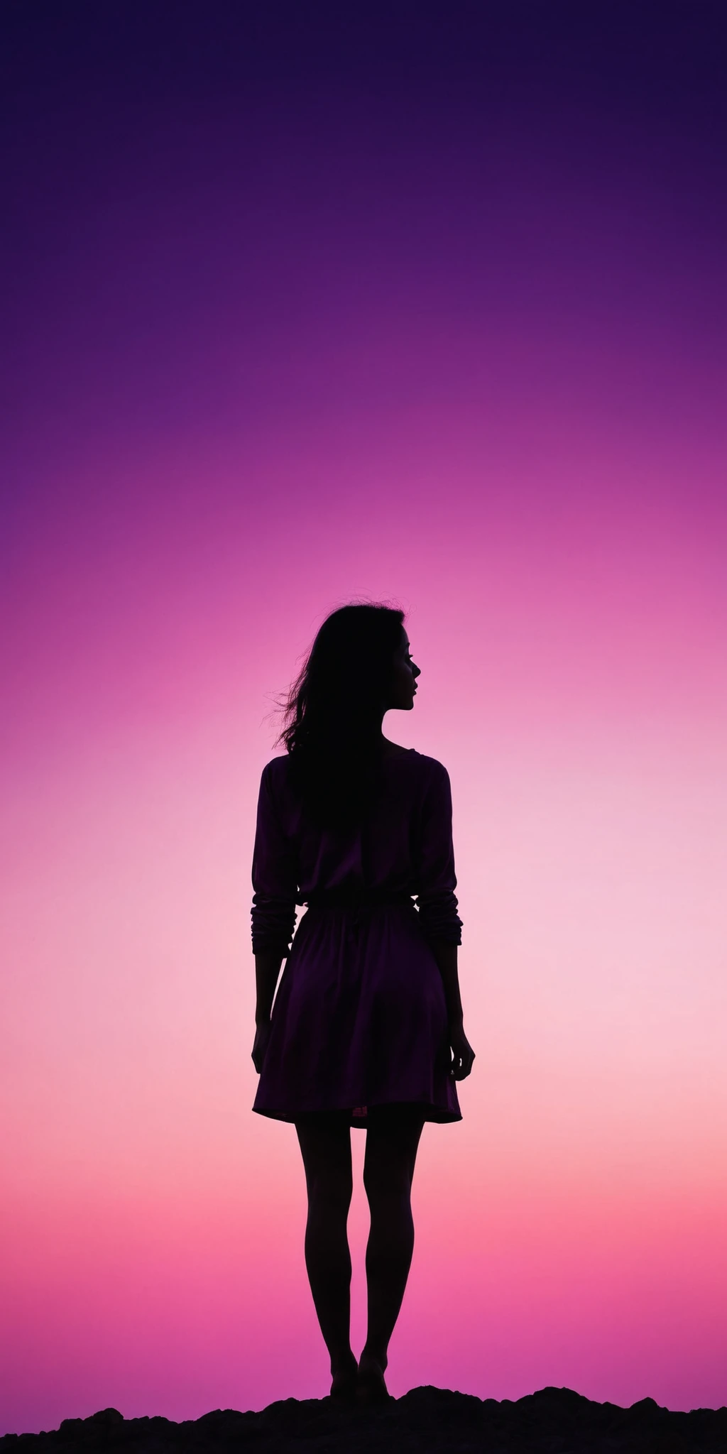 Woman's back,silhouette,pink and purple sky,sunset,serene,warm,surrealism style,high contrast,high definition photography,<lora:HMSGåªå½±XL-000001:0.8>,