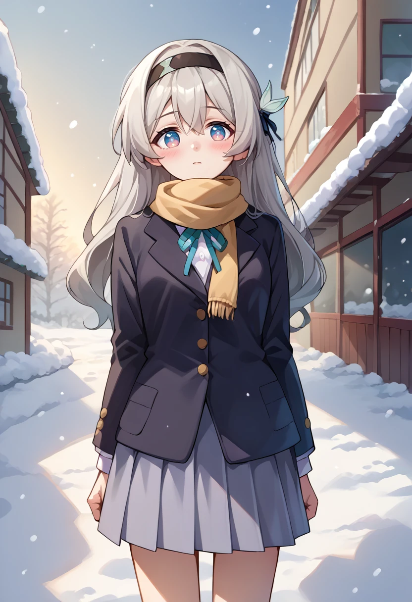 score_9, score_8_up, source_anime, 1girl, solo, FireflyHSR, blue pupils, long hair, black hairband, hair ornament, SakuragaokaWinter, sakuragaoka high school uniform, blazer, long sleeves, neck ribbon, grey skirt, scarf, outdoors, snow, winter, blush, <lora:ChamSakuragaokaHighPonyXL:0.8>, <lora:ChamFireflyV2PonyXL:1>