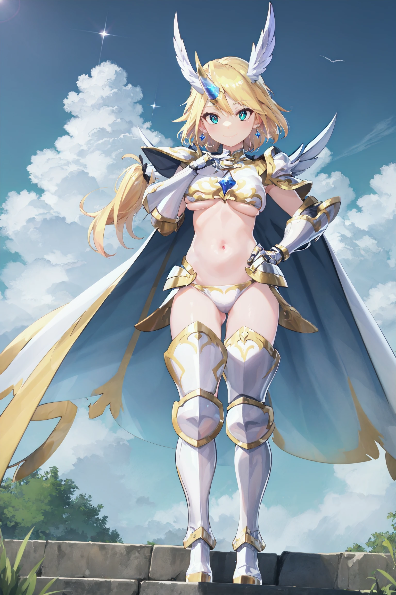 absurdres, high detail, 4k, outdoors, park, sky, isometric,
standing, smile, hand on own chin,
solo, superbia, twintails, magica2020, head_wings, single horn, earrings, bikini armor, white armor, breastplate, underboob, jewelry, shoulder armor, white cape, gauntlets, armored boots, heels
<lora:MGCM-superbia-t1:0.7>