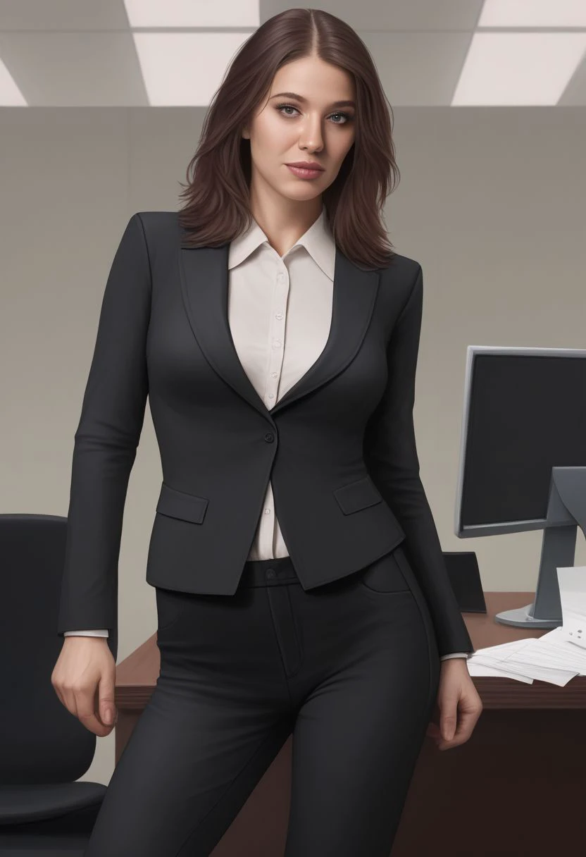 solo, realistic,a woman in a formal shirt and dark pants in an office, BREAK PonyXLV6_Scores