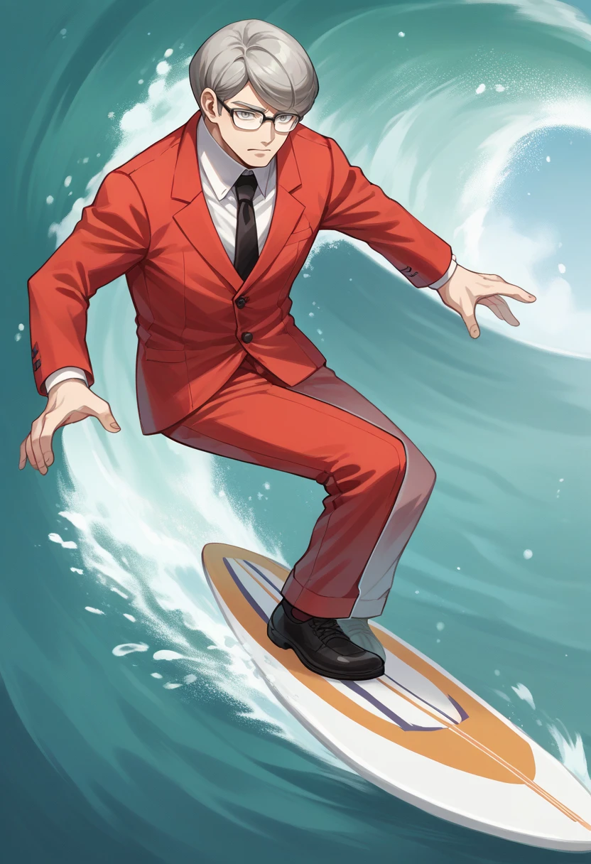 score_9, score_8_up, score_7_up, source_anime BREAK 1boy, solo,
 <lora:zs_StephenXL:1> stephensmt, grey hair, short hair, grey eyes, glasses, red blazer, white shirt, black tie, red pants, 
<lora:Surfing_XLPD:1> incrssurfing, surfing