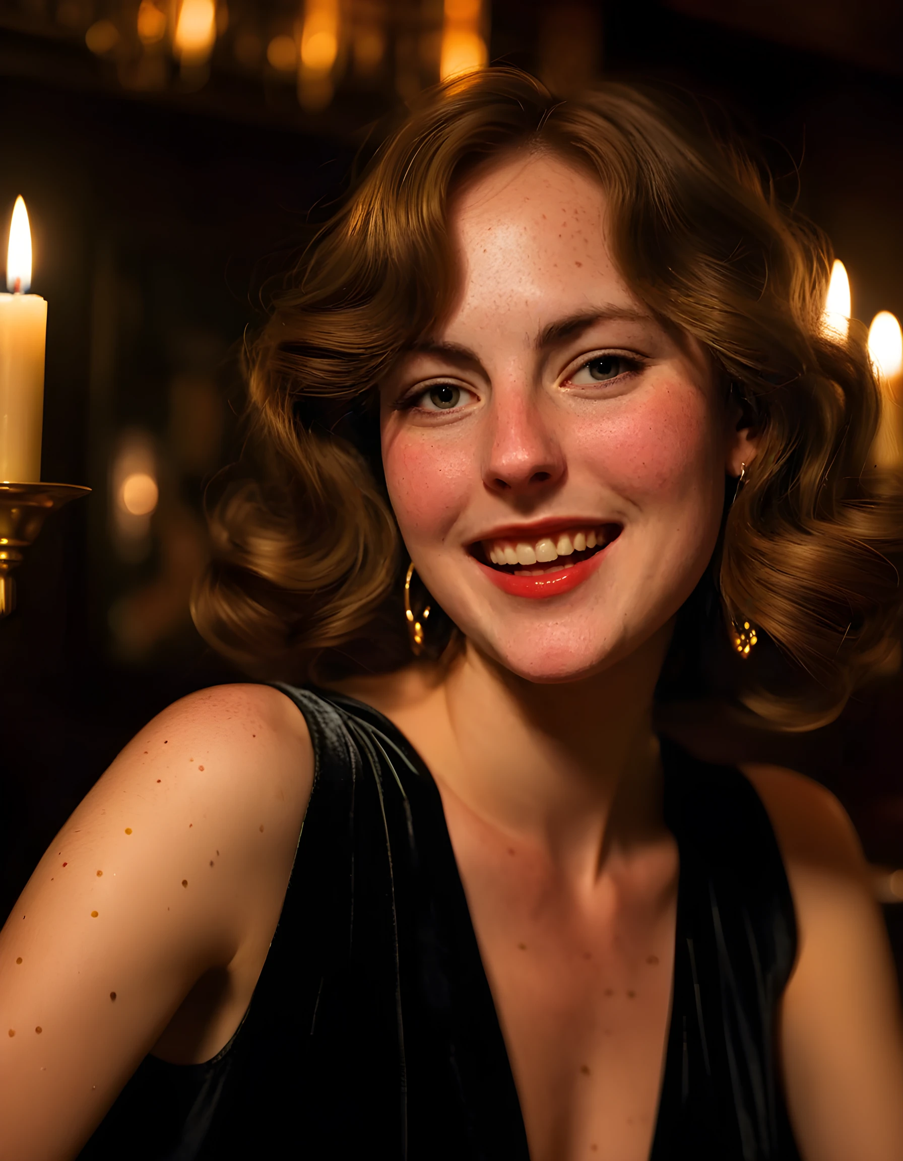 In a dimly lit, vintage speakeasy nestled within the heart of 1920s New York City, the camera captures L1VH4RP3R from a low angle, her striking visage framed by the soft glow of a candlelit table. Her long, wavy chestnut hair cascades down her shoulders, contrasting against the black velvet dress adorned with intricate golden beading and sequins that shimmer under the flickering light. Her freckles dance across her nose and cheeks, accentuating her youthful charm as she parts her full red lips to reveal a dazzling smile. Gold hoop earrings dangle from her ears, catching the candlelight and casting a warm, inviting glow on her radiant face. The emotional tone is one of sultry allure and defiant spirit, as if she's holding court amidst the hustle and bustle of Prohibition-era New York City, her poise and confidence undeniably captivating in a room filled with intrigue and passion.